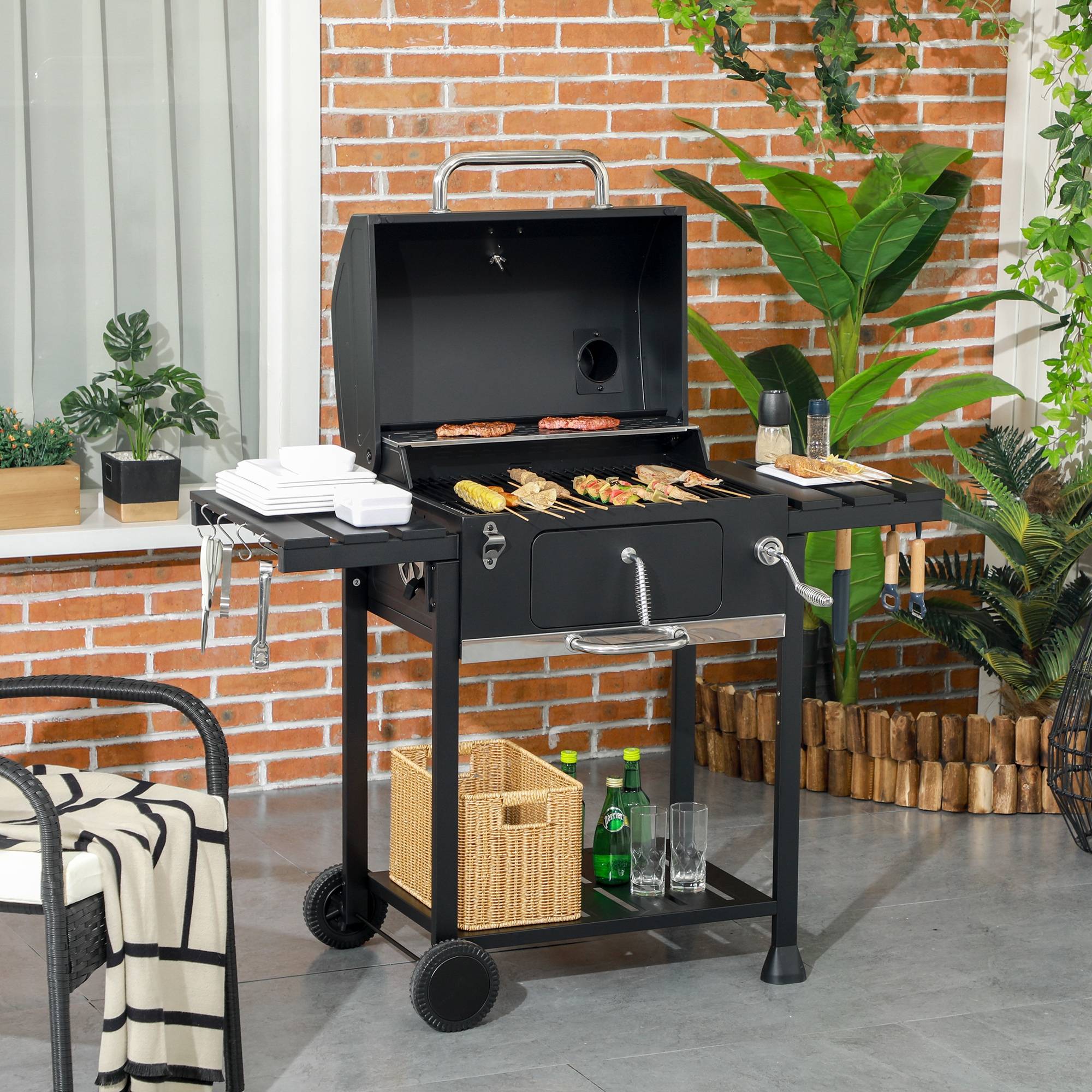 Sans Marque - Barbecue fumoir à charbon de bois, avec thermomètre et ouvre-bouteille, 120 x 64 x 114 cm, noir - Image 3