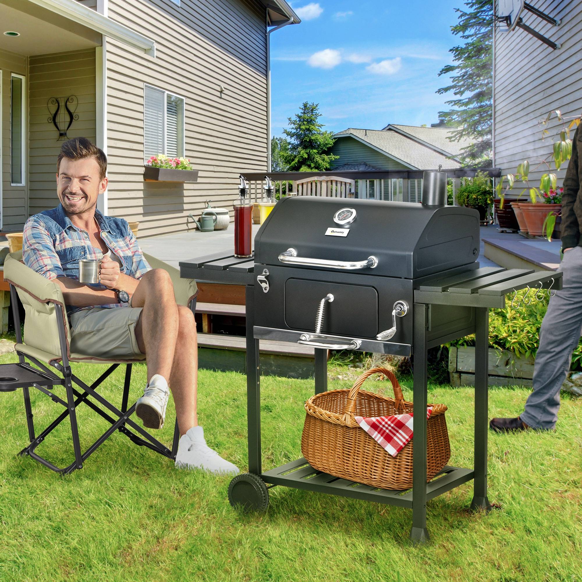 Sans Marque - Barbecue fumoir à charbon de bois, avec thermomètre et ouvre-bouteille, 120 x 64 x 114 cm, noir - Image 4