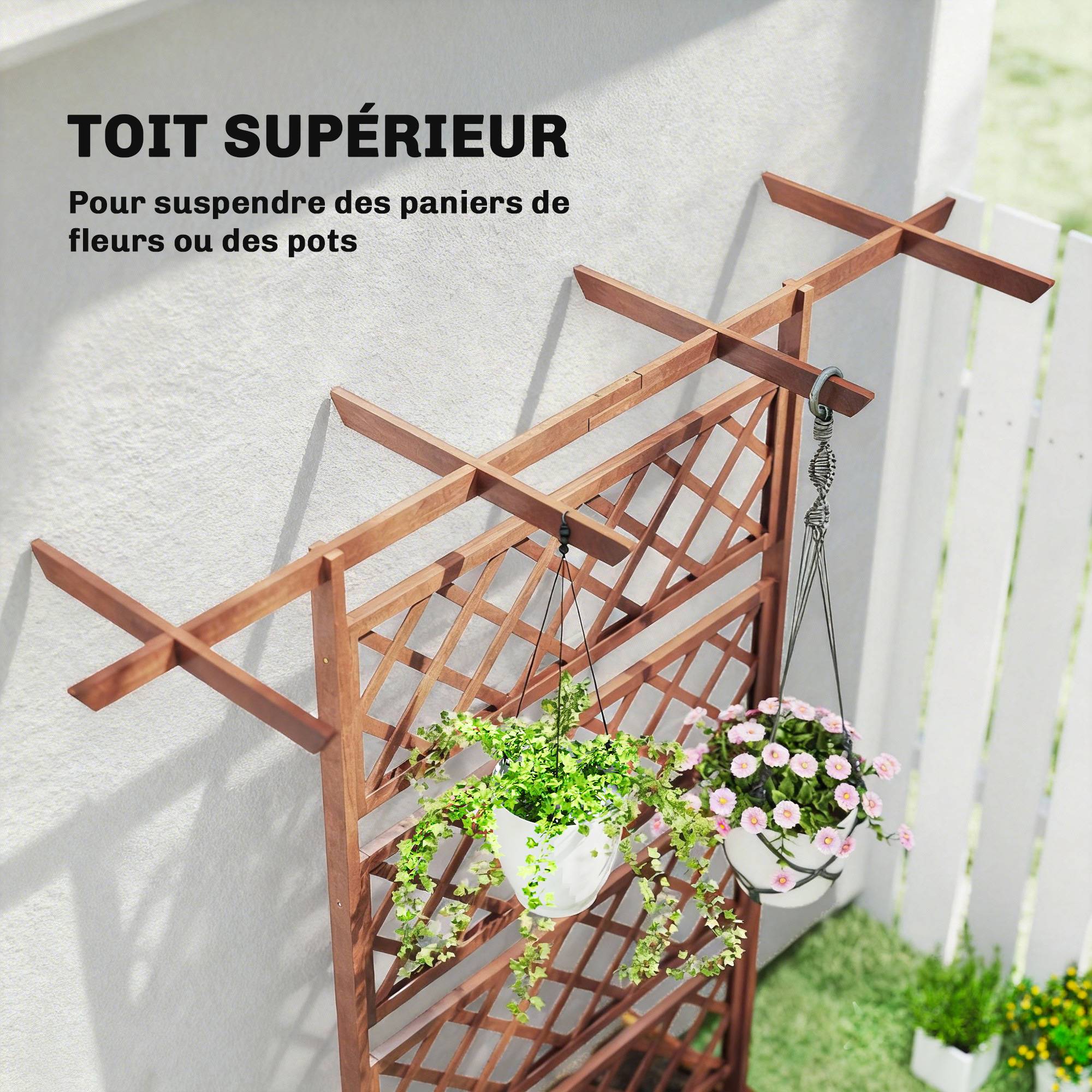 Jardinière treillis toit bois sapin extérieur barres suspension 160x55x183cm naturel - ComfortXL Outdoor Living - Image 7