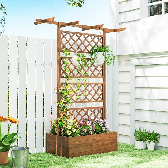 Jardinière treillis toit bois sapin extérieur barres suspension 160x55x183cm naturel - ComfortXL Outdoor Living - Image 4