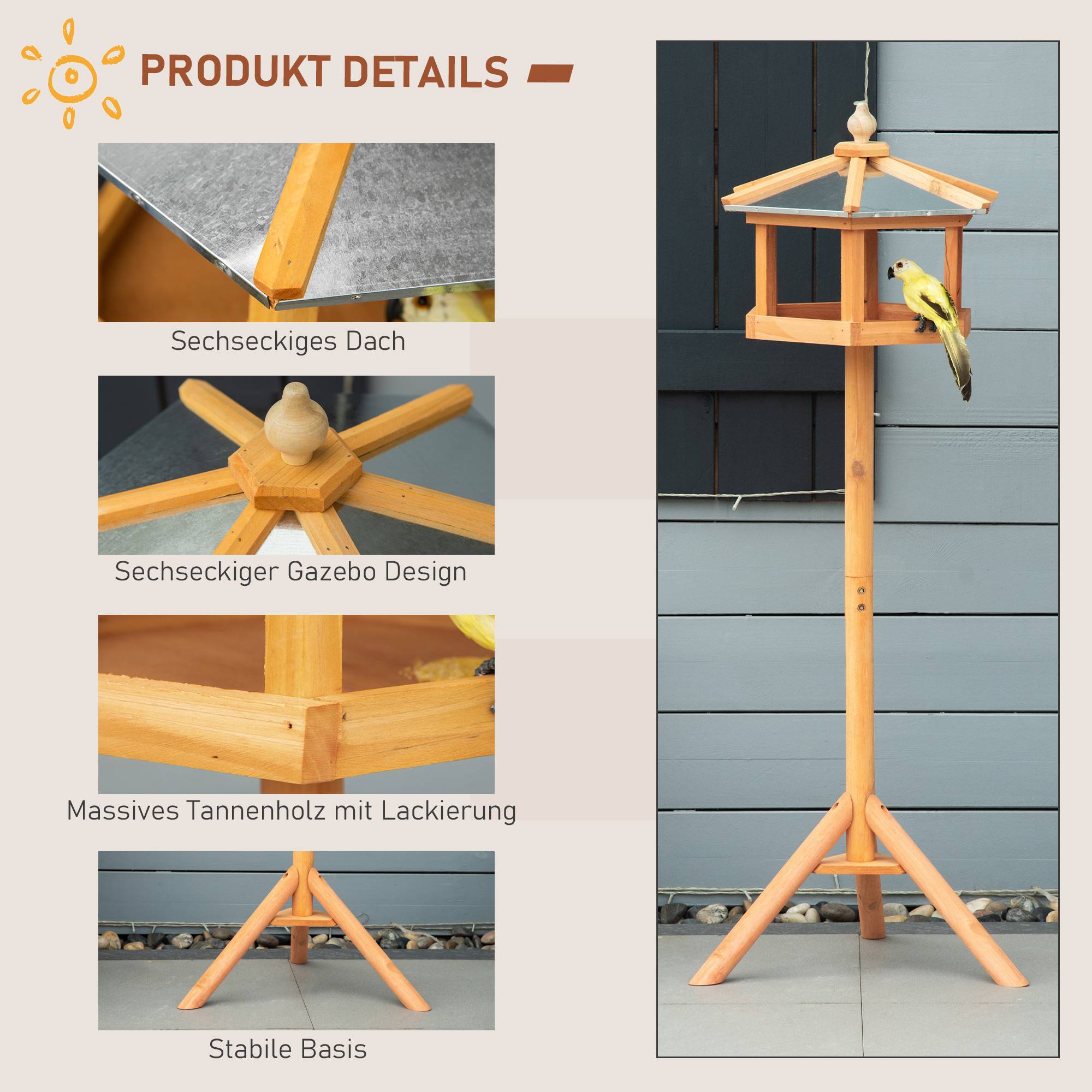 ComfortXL - Mangeoire Oiseaux sur Pied Bois Sapin Toit Zinc Hexagonal pour Jardin & Terrasse – ComfortXL Outdoor Living - Image 5
