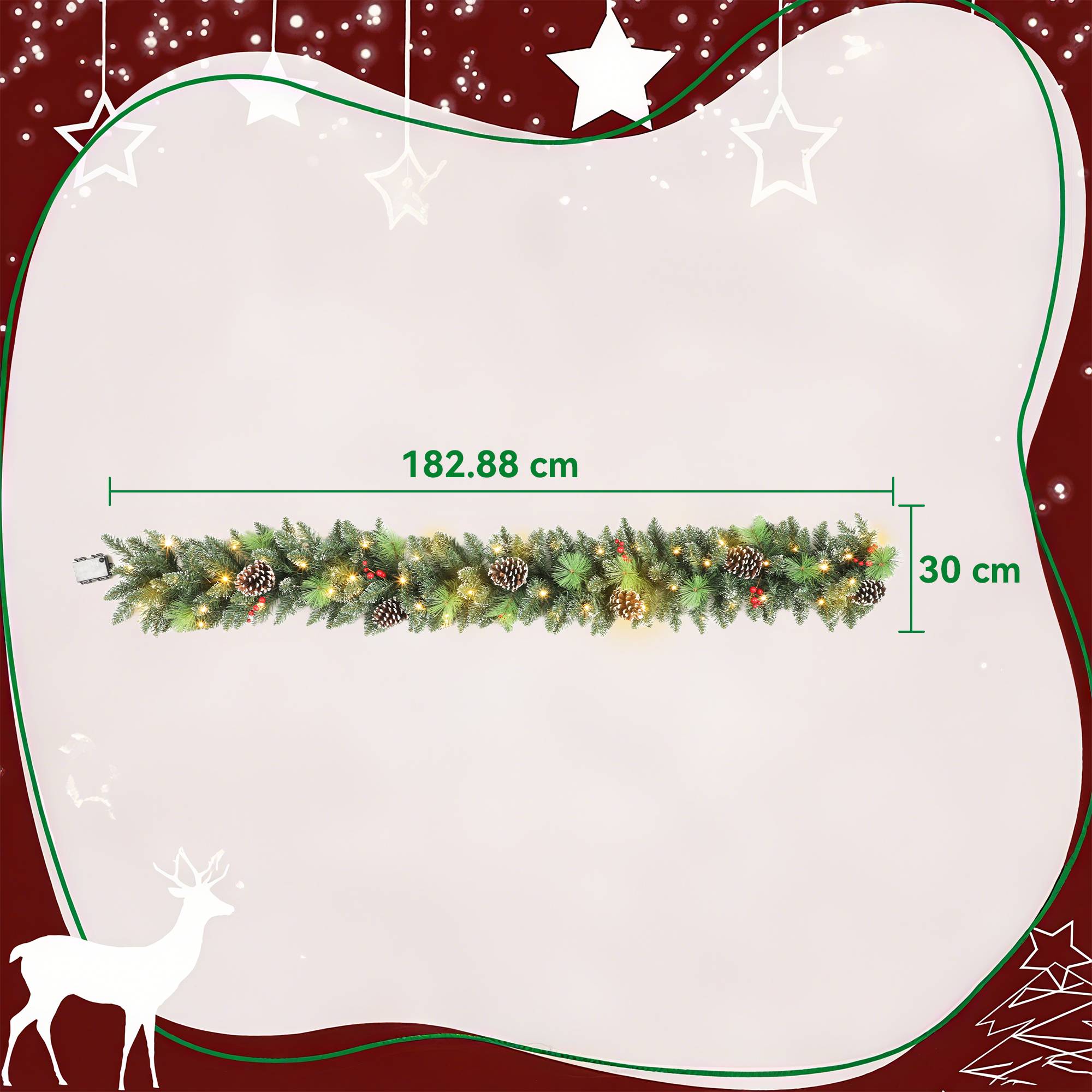 Sans Marque - Guirlande de Noël de 180 cm avec branches enneigées, 30 lumières blanches, pommes de pin et baies pour l'intérieur - Image 5
