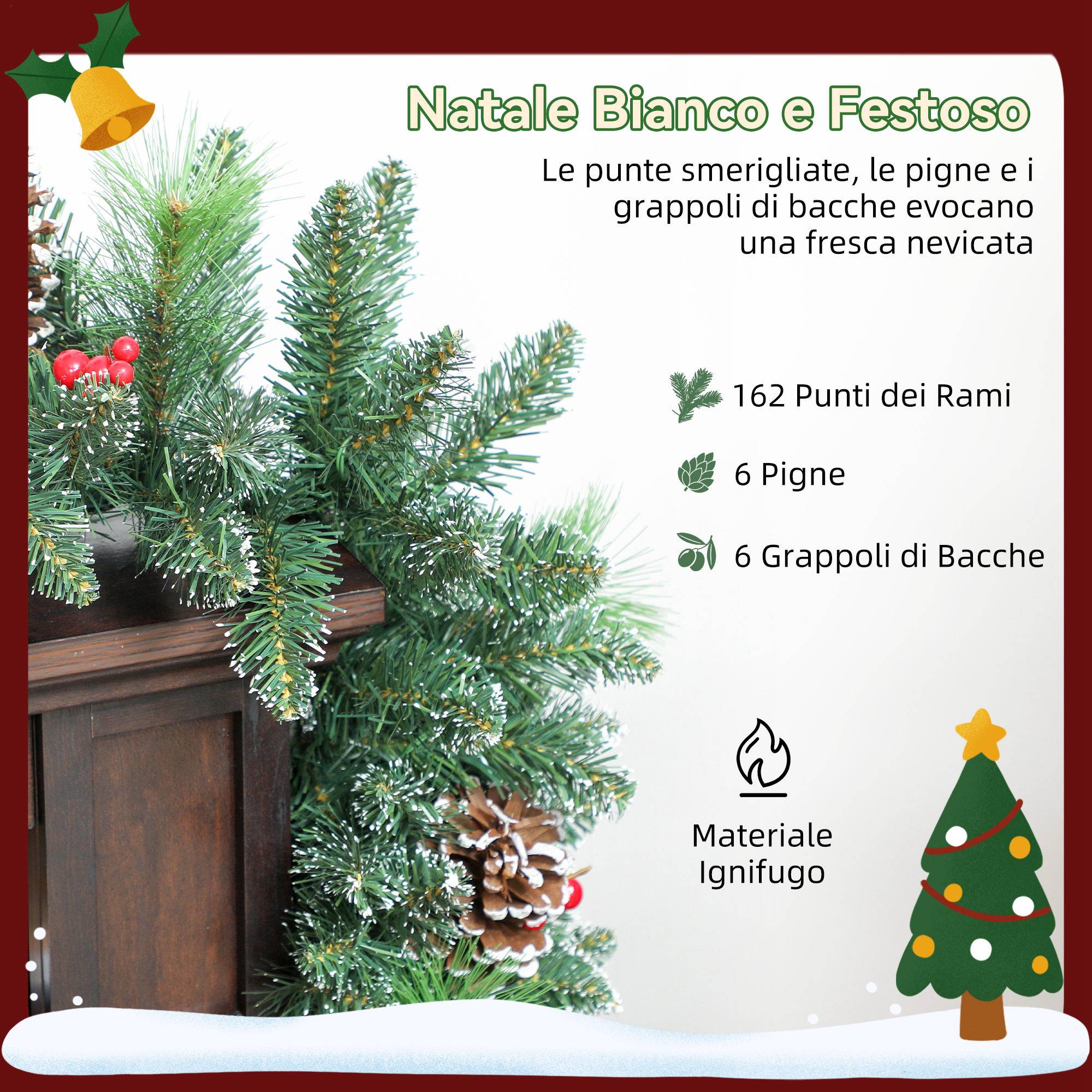 Sans Marque - Guirlande de Noël de 180 cm avec branches enneigées, 30 lumières blanches, pommes de pin et baies pour l'intérieur - Image 8