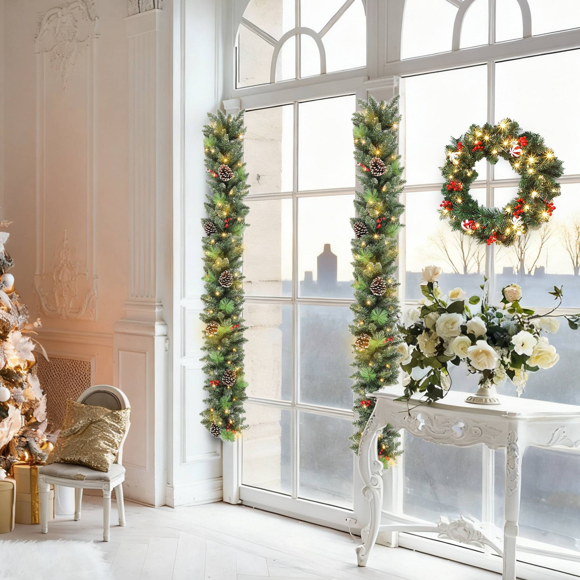 Sans Marque - Guirlande de Noël de 180 cm avec branches enneigées, 30 lumières blanches, pommes de pin et baies pour l'intérieur - Image 4