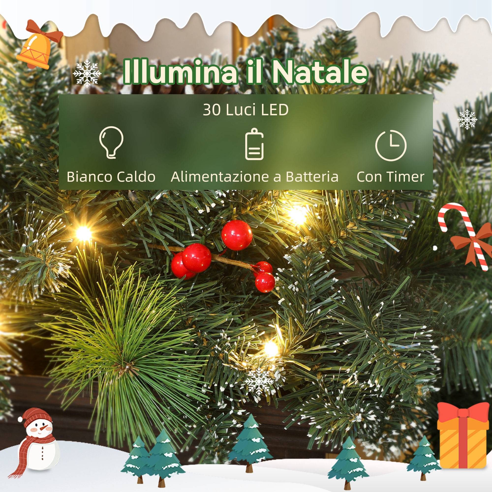 Sans Marque - Guirlande de Noël de 180 cm avec branches enneigées, 30 lumières blanches, pommes de pin et baies pour l'intérieur - Image 7