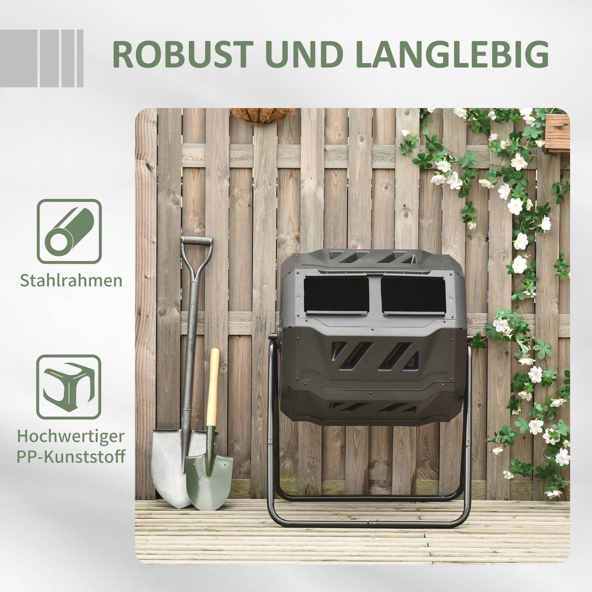 ComfortXL - Composteur rotatif double compartiment acier et plastique 160 L vert noir pour jardin compostage facile - Image 7