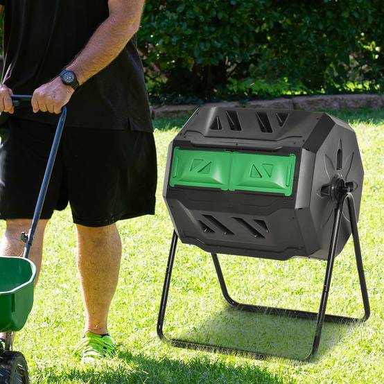 ComfortXL - Composteur rotatif double compartiment acier et plastique 160 L vert noir pour jardin compostage facile - Image 9