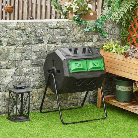 ComfortXL - Composteur rotatif double compartiment acier et plastique 160 L vert noir pour jardin compostage facile - Image 1