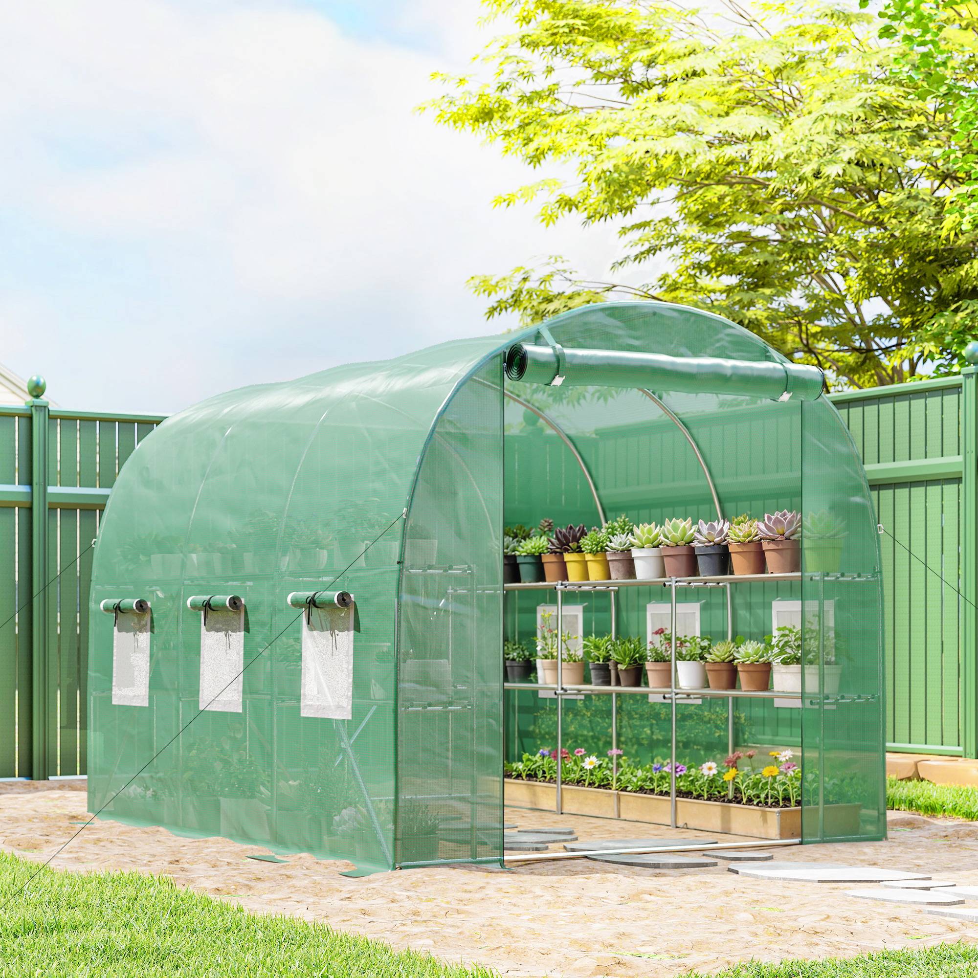 Serre de jardin acier galvanisé et PE pour potager avec étagères intégrées 275x198x191cm vert - ComfortXL Outdoor Living - Image 4