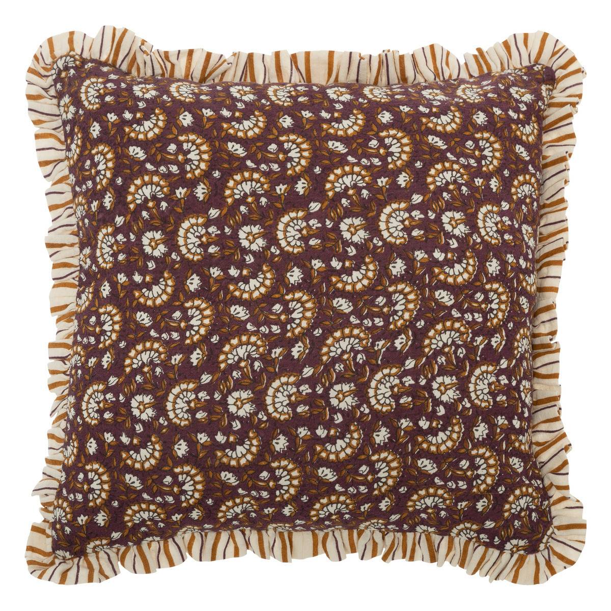 Coussin décoratif réversible à volant Violet et Cannelle  46 x 46 cm - Image 1