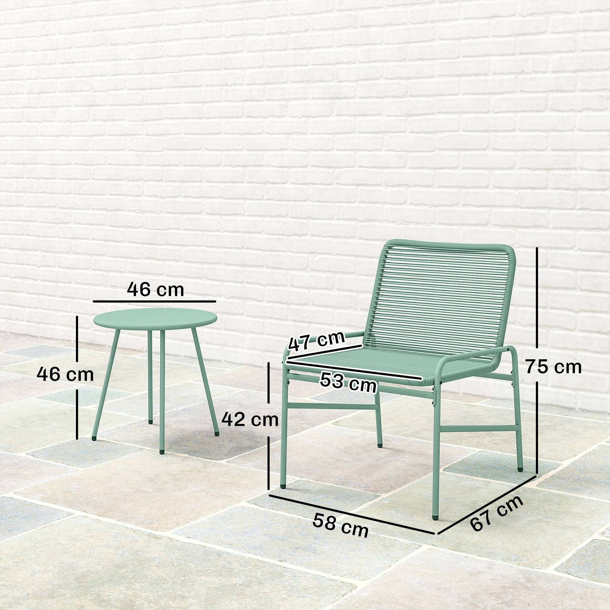 Salon de Jardin Extérieur 3 Pièces en Résine Tressée et Acier, Table de Jardin Ronde avec 2 Chaises, 58x67x75cm, Vert - Image 5