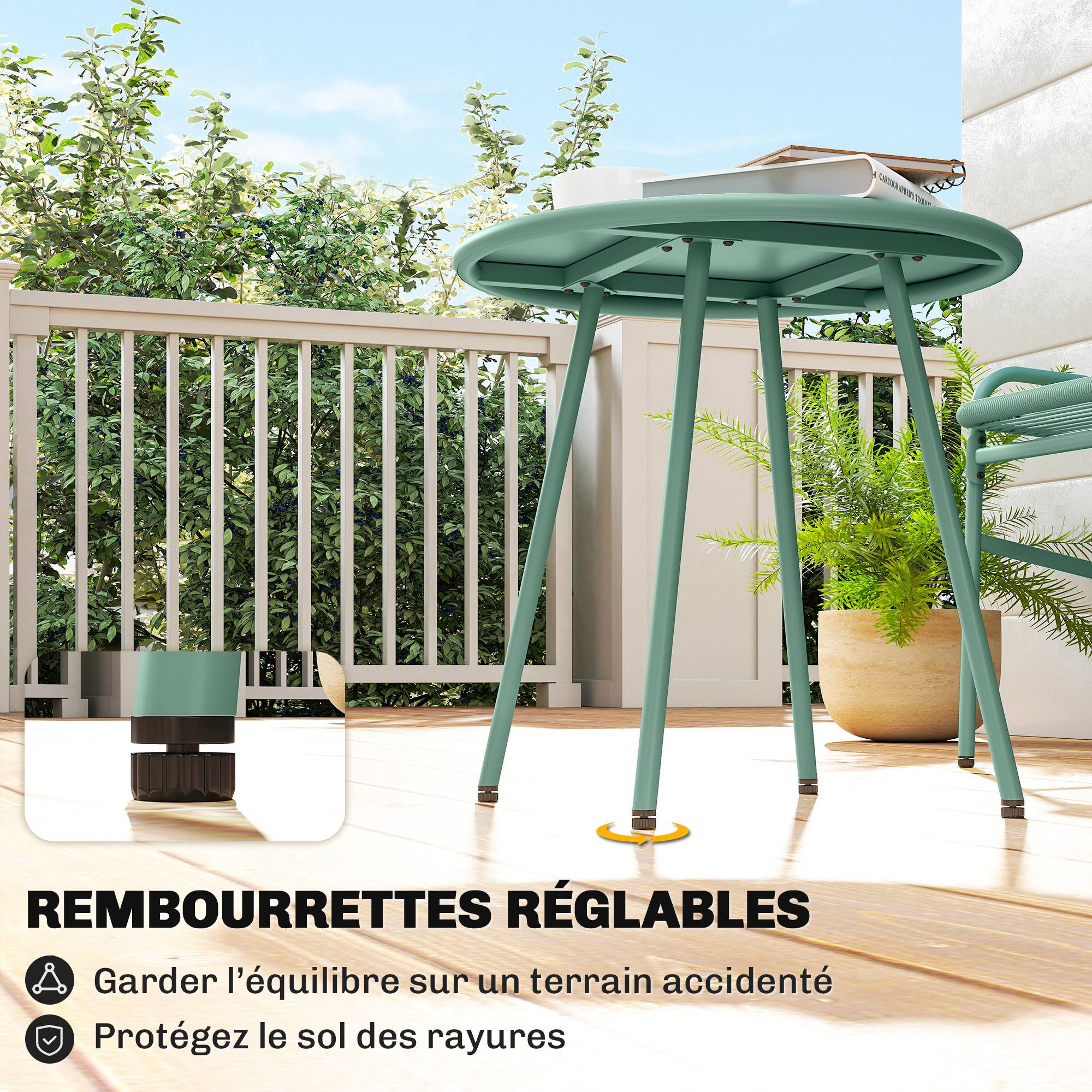 Salon de Jardin Extérieur 3 Pièces en Résine Tressée et Acier, Table de Jardin Ronde avec 2 Chaises, 58x67x75cm, Vert - Image 9