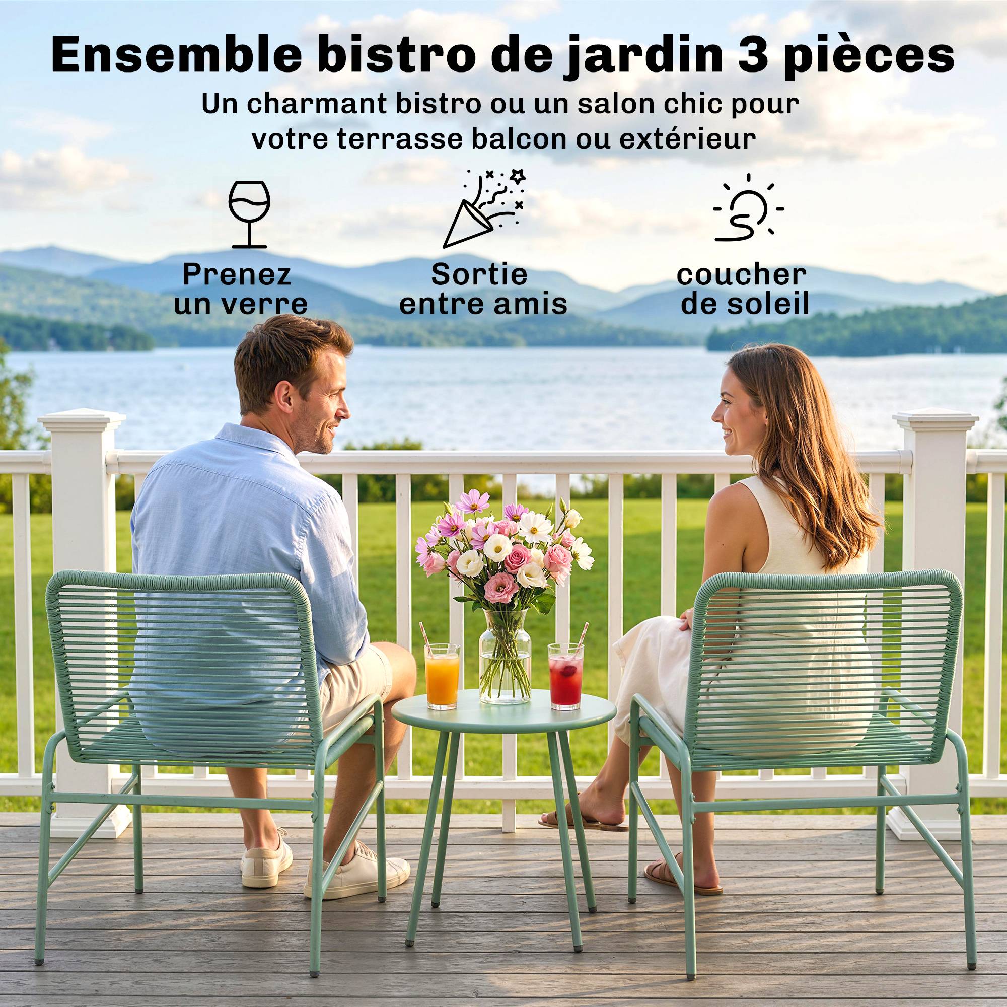 Salon de Jardin Extérieur 3 Pièces en Résine Tressée et Acier, Table de Jardin Ronde avec 2 Chaises, 58x67x75cm, Vert - Image 6