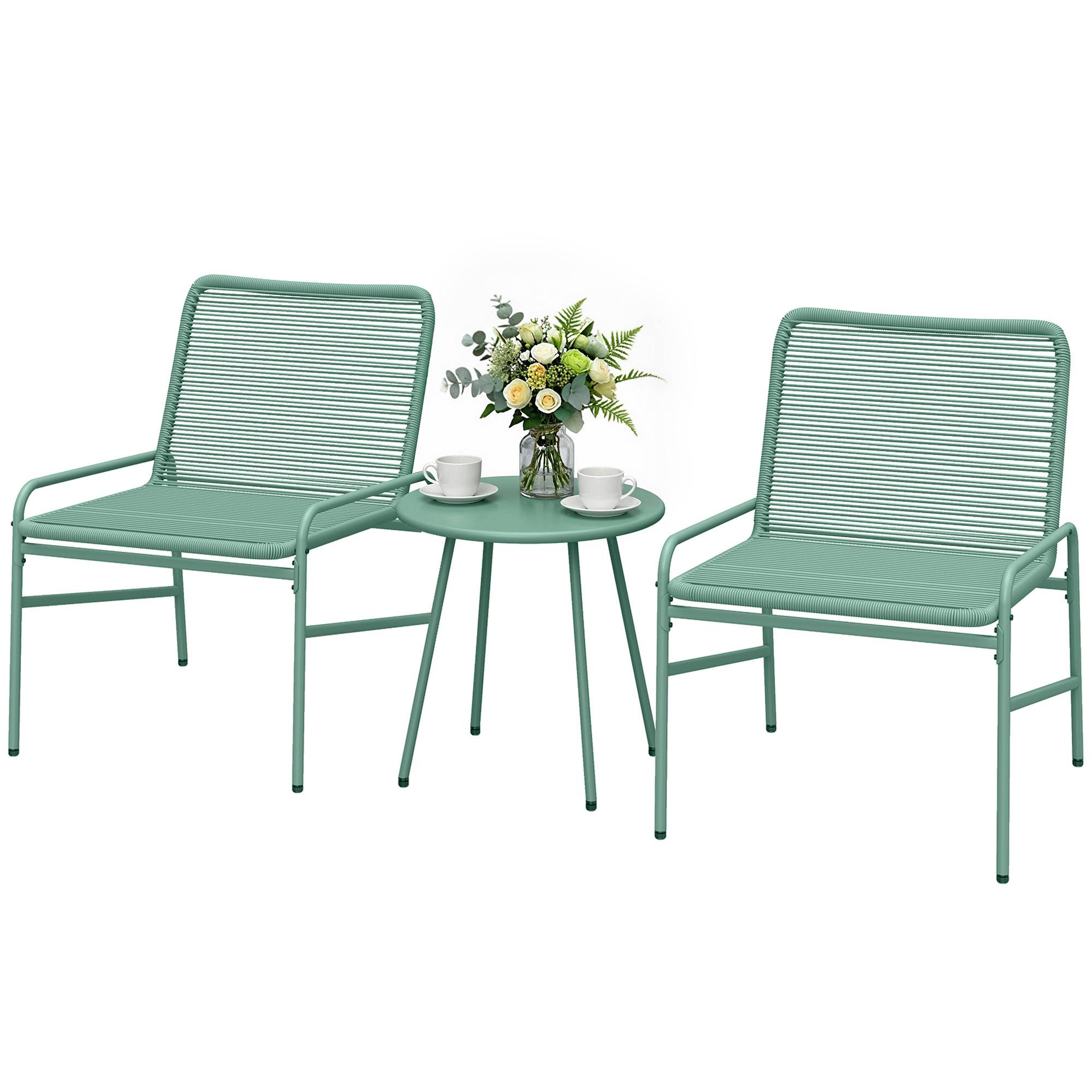 Salon de Jardin Extérieur 3 Pièces en Résine Tressée et Acier, Table de Jardin Ronde avec 2 Chaises, 58x67x75cm, Vert - Image 2