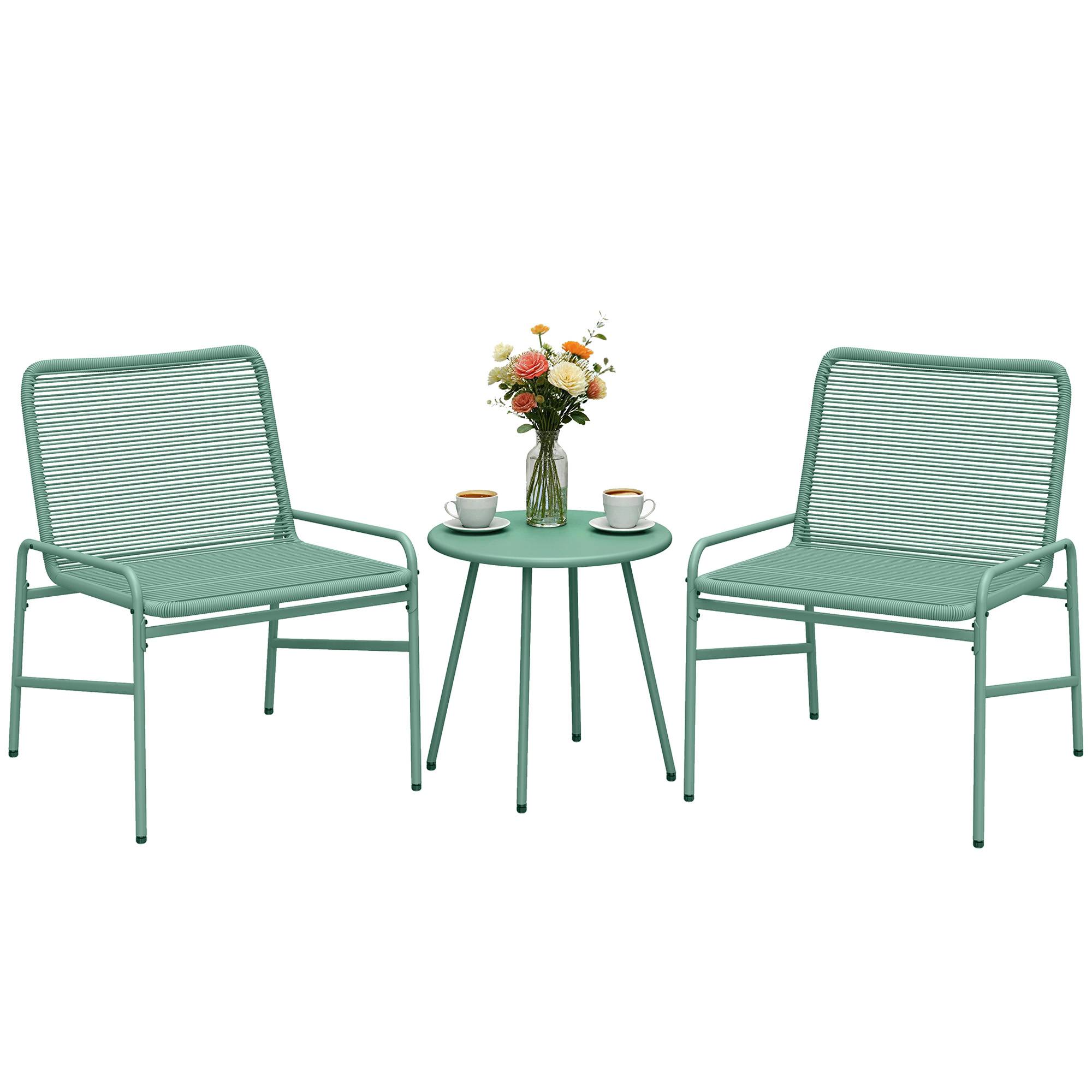 Salon de Jardin Extérieur 3 Pièces en Résine Tressée et Acier, Table de Jardin Ronde avec 2 Chaises, 58x67x75cm, Vert