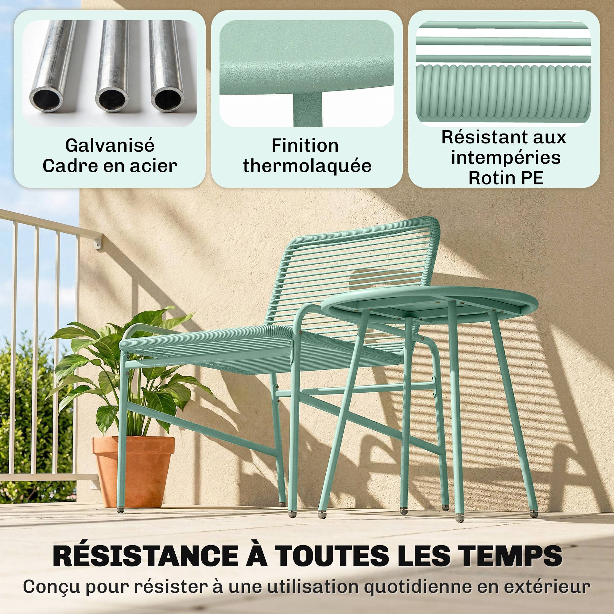 Salon de Jardin Extérieur 3 Pièces en Résine Tressée et Acier, Table de Jardin Ronde avec 2 Chaises, 58x67x75cm, Vert - Image 7