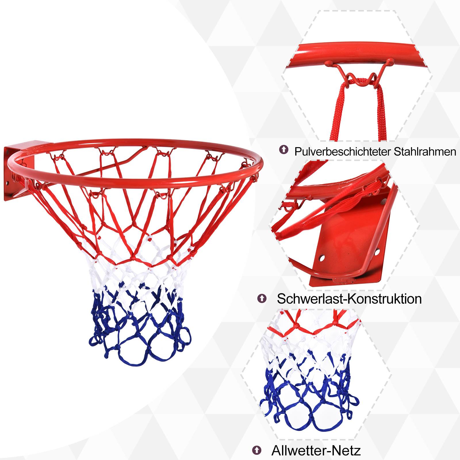 ComfortXL - Panier de basket mural métal Ø46 cm rouge bleu blanc intérieur extérieur avec filet polypropylène résistant - Image 4