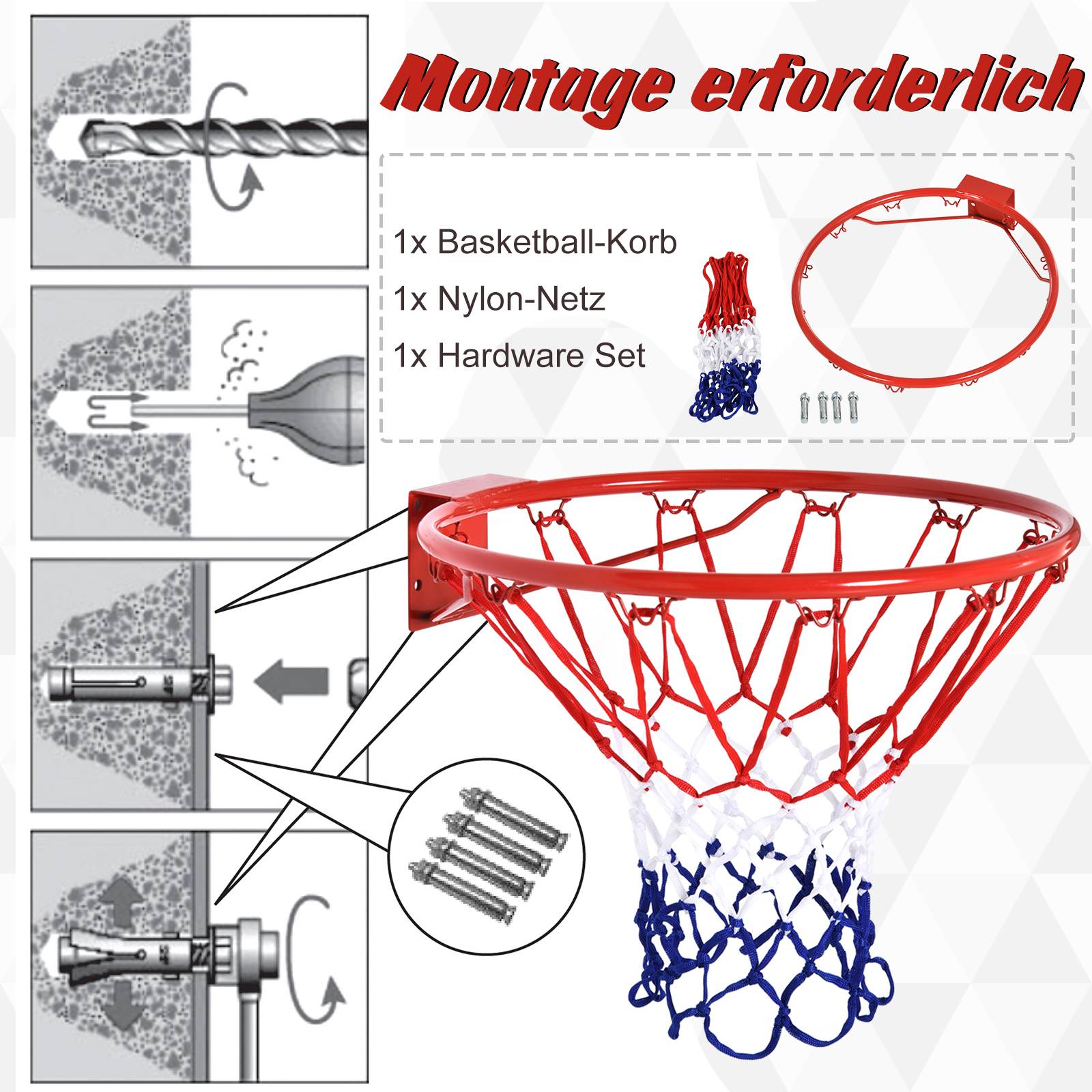 ComfortXL - Panier de basket mural métal Ø46 cm rouge bleu blanc intérieur extérieur avec filet polypropylène résistant - Image 3