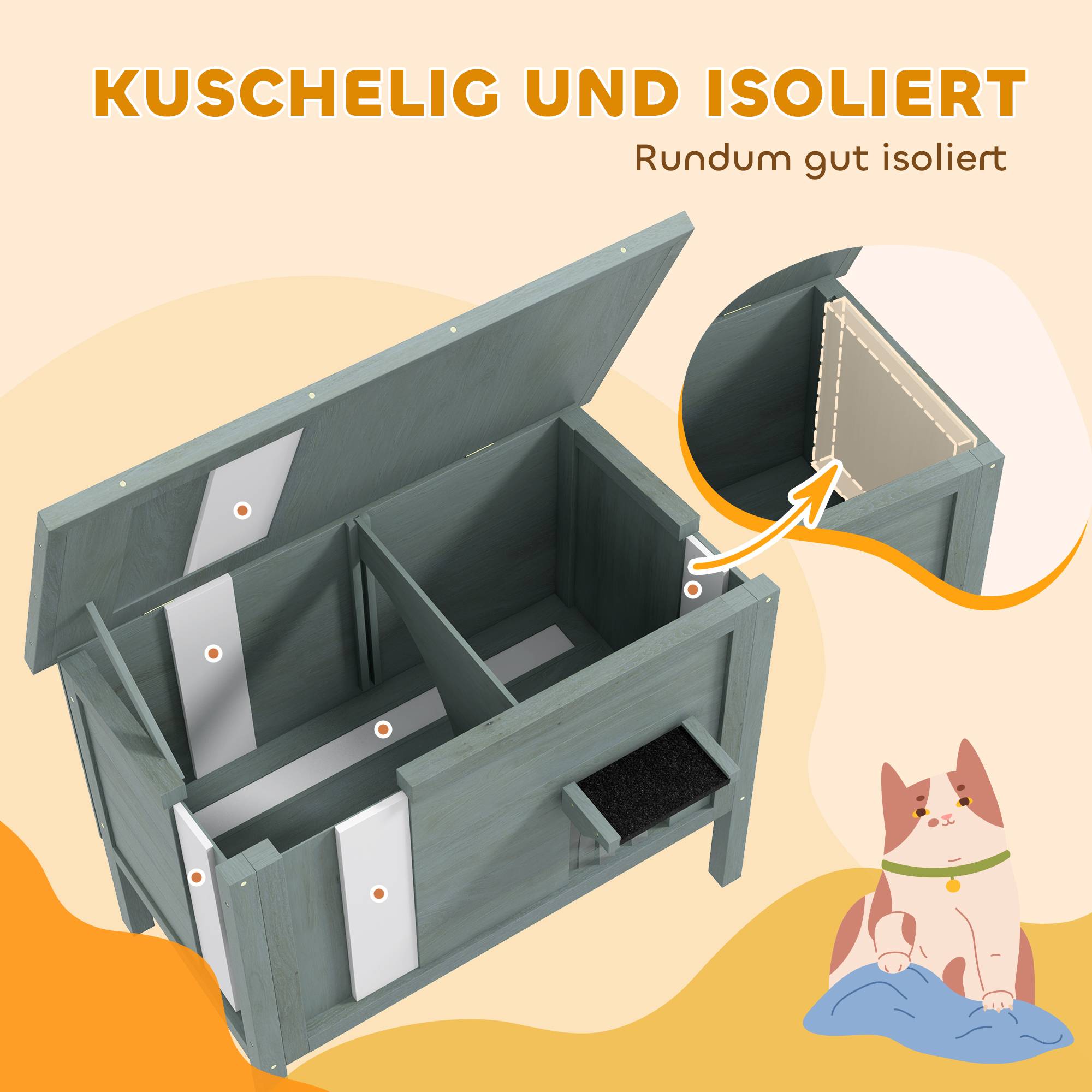Sans Marque - Maison chat extérieur résistante intempéries, 1 fenêtre, 1 entrée, 85x50x68,5cm, Gris foncé+Noir - Image 6