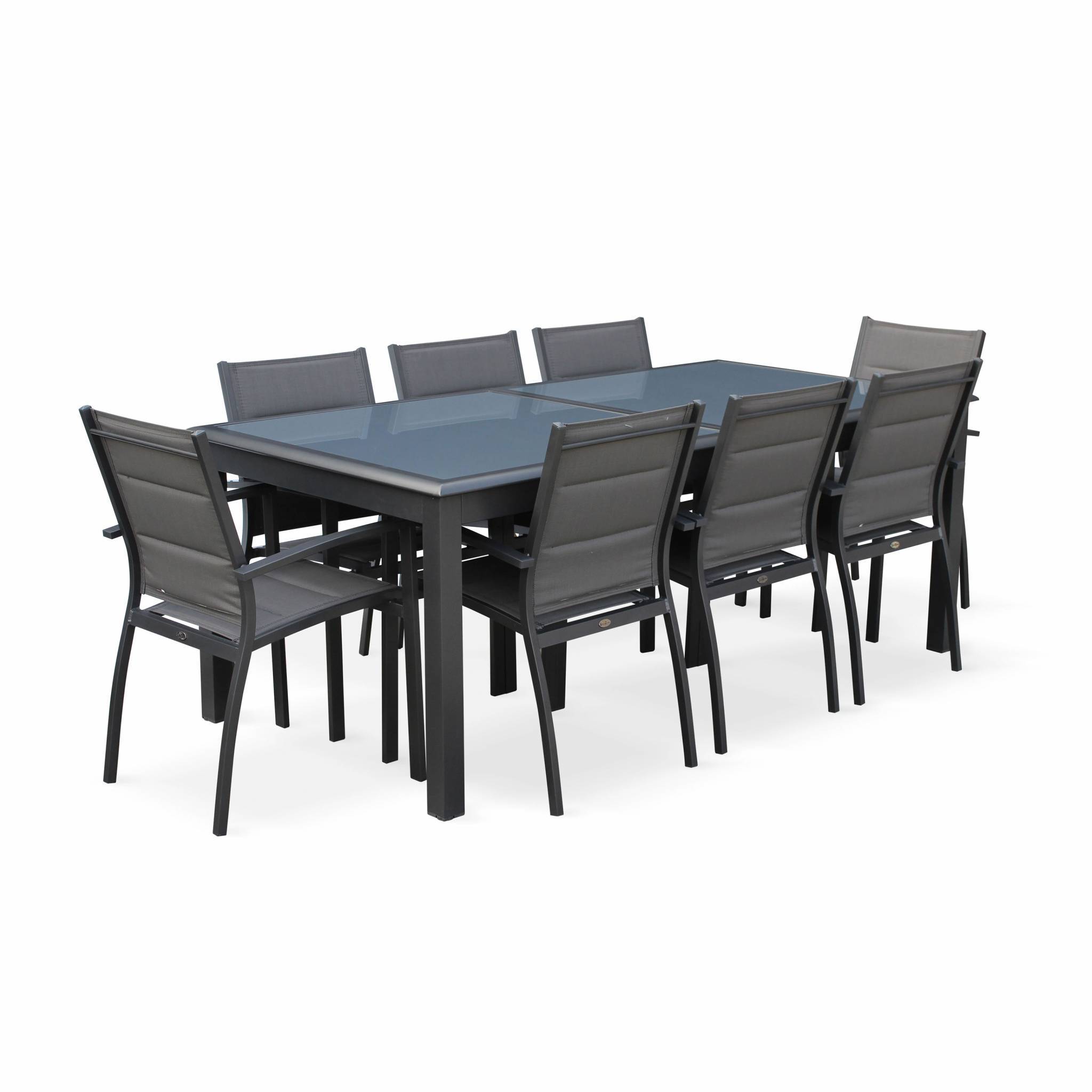 Table de jardin extensible aluminium + 8 assises Gris anthracite - Table en aluminium 200/300cm. plateau de verre. rallonge et 8 fauteuils en | sweeek - Image 3