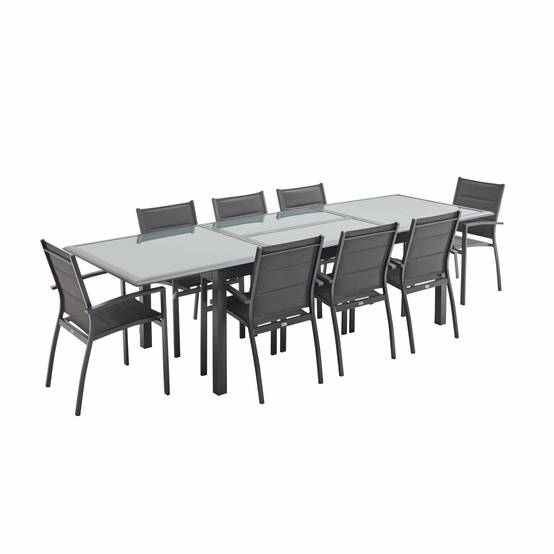 Table de jardin extensible aluminium + 8 assises Gris anthracite - Table en aluminium 200/300cm. plateau de verre. rallonge et 8 fauteuils en | sweeek - Image 2