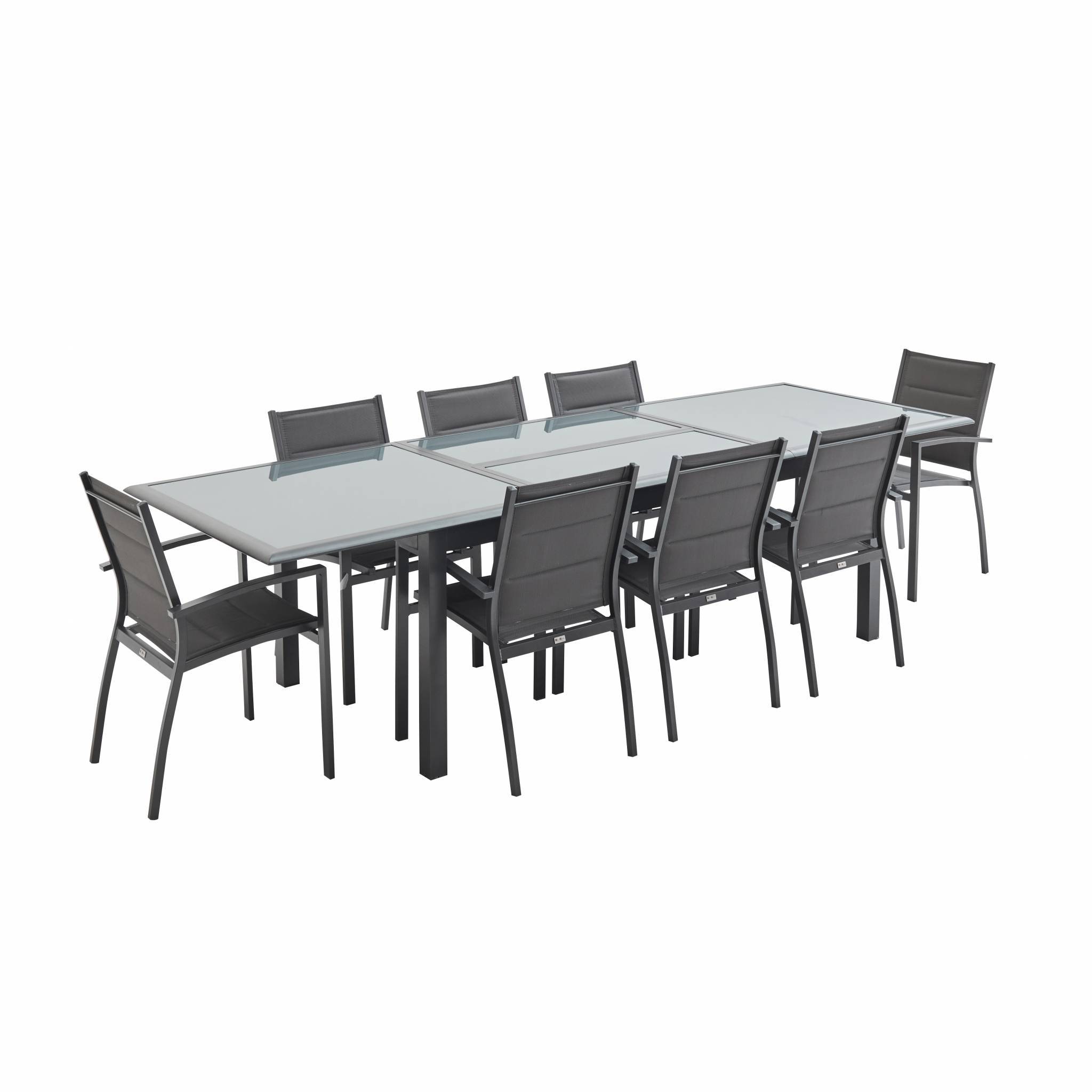 Table de jardin extensible aluminium + 8 assises Gris anthracite - Table en aluminium 200/300cm. plateau de verre. rallonge et 8 fauteuils en | sweeek - Image 2