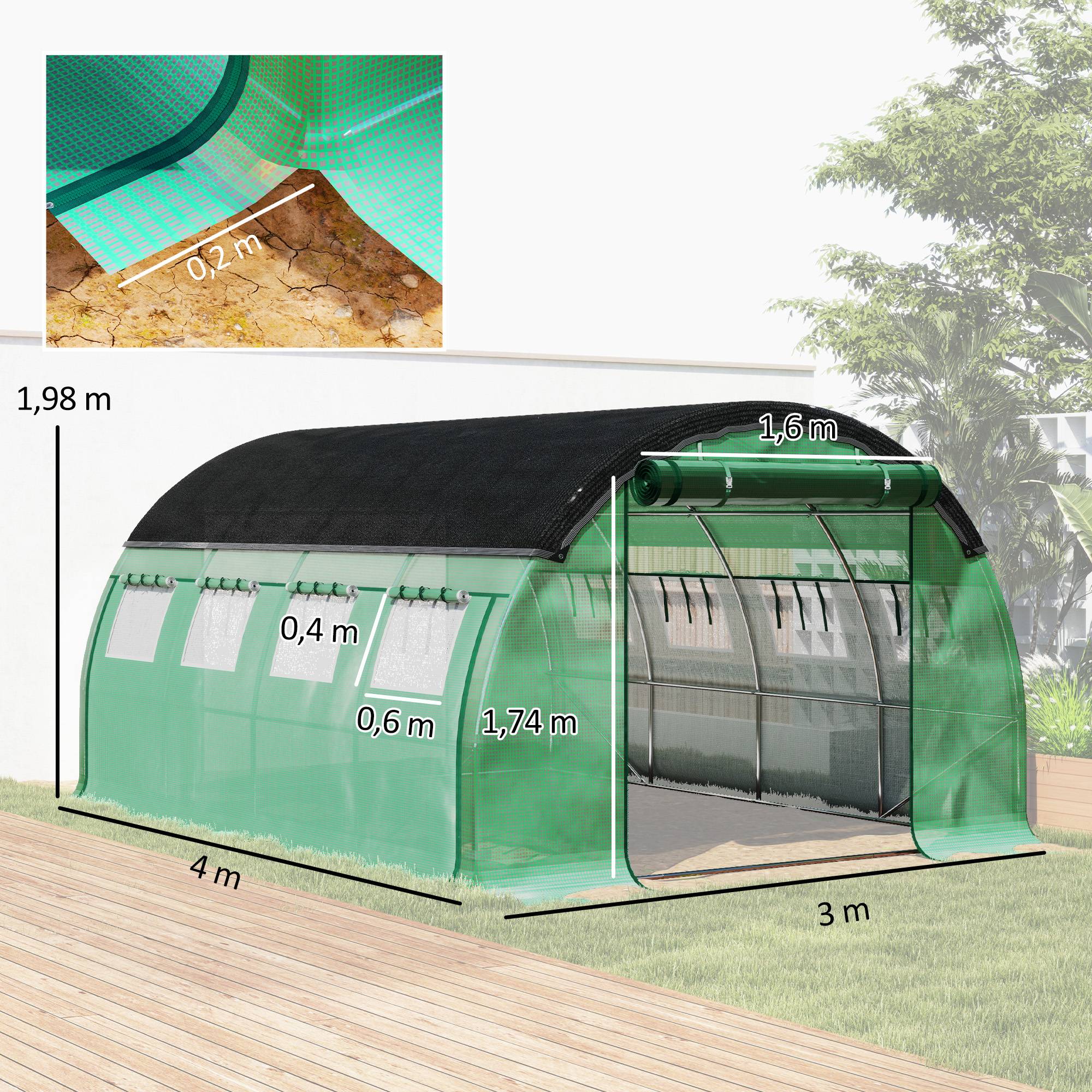 Serre tunnel verte 4x3x2m, structure acier stable, filet d'ombrage et parois latérales enroulables - Image 5