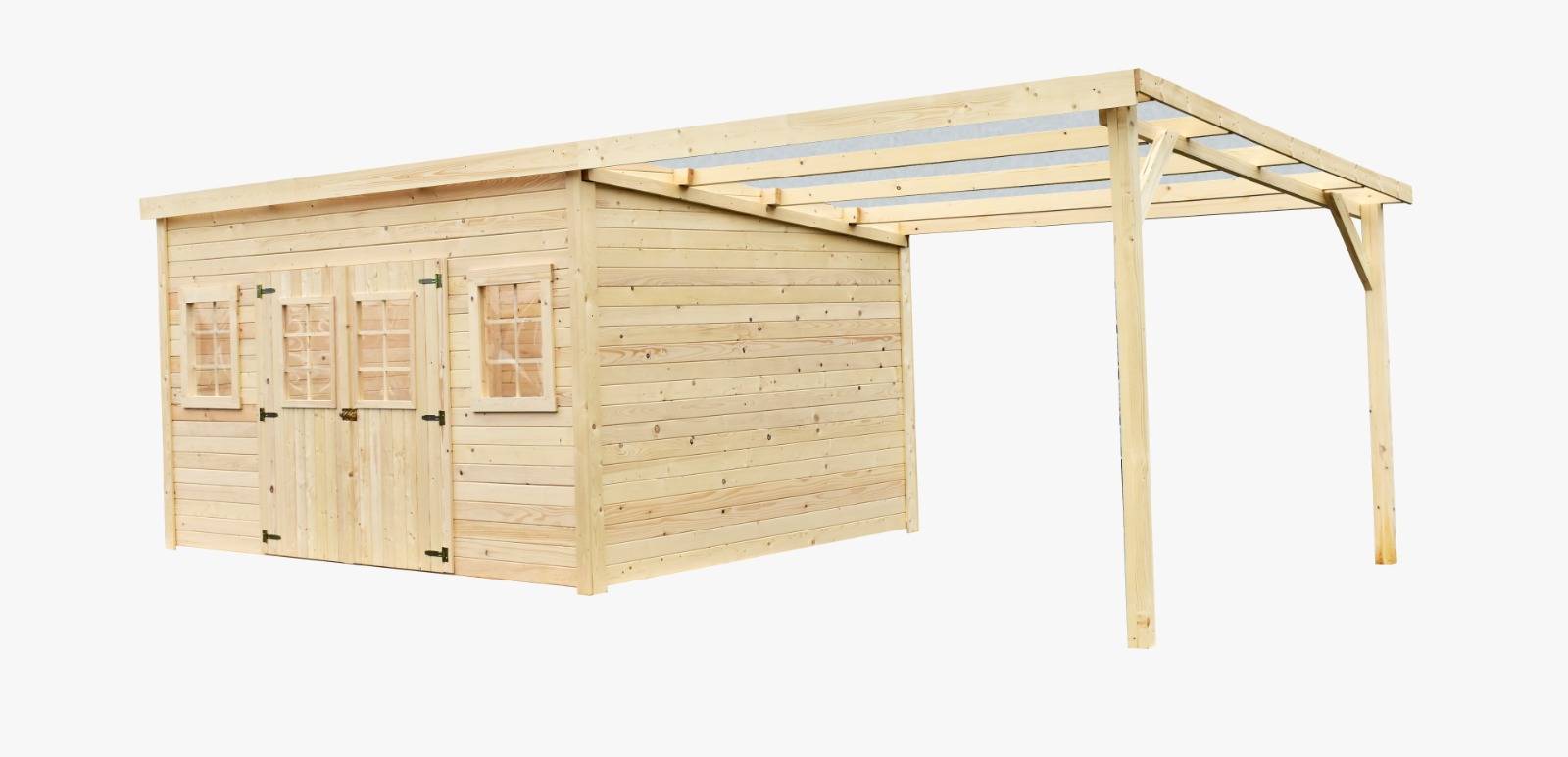Habrita - Abri Madriers bois massif - 28 mm - surface extérieur 21,05 m2 avec bucher -Toit monopente - Toiture polycarbonate double peau - Image 4