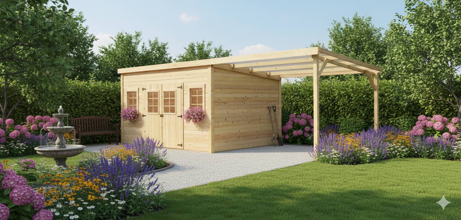 Habrita - Abri Madriers bois massif - 28 mm - surface extérieur 21,05 m2 avec bucher -Toit monopente - Toiture polycarbonate double peau - Image 2