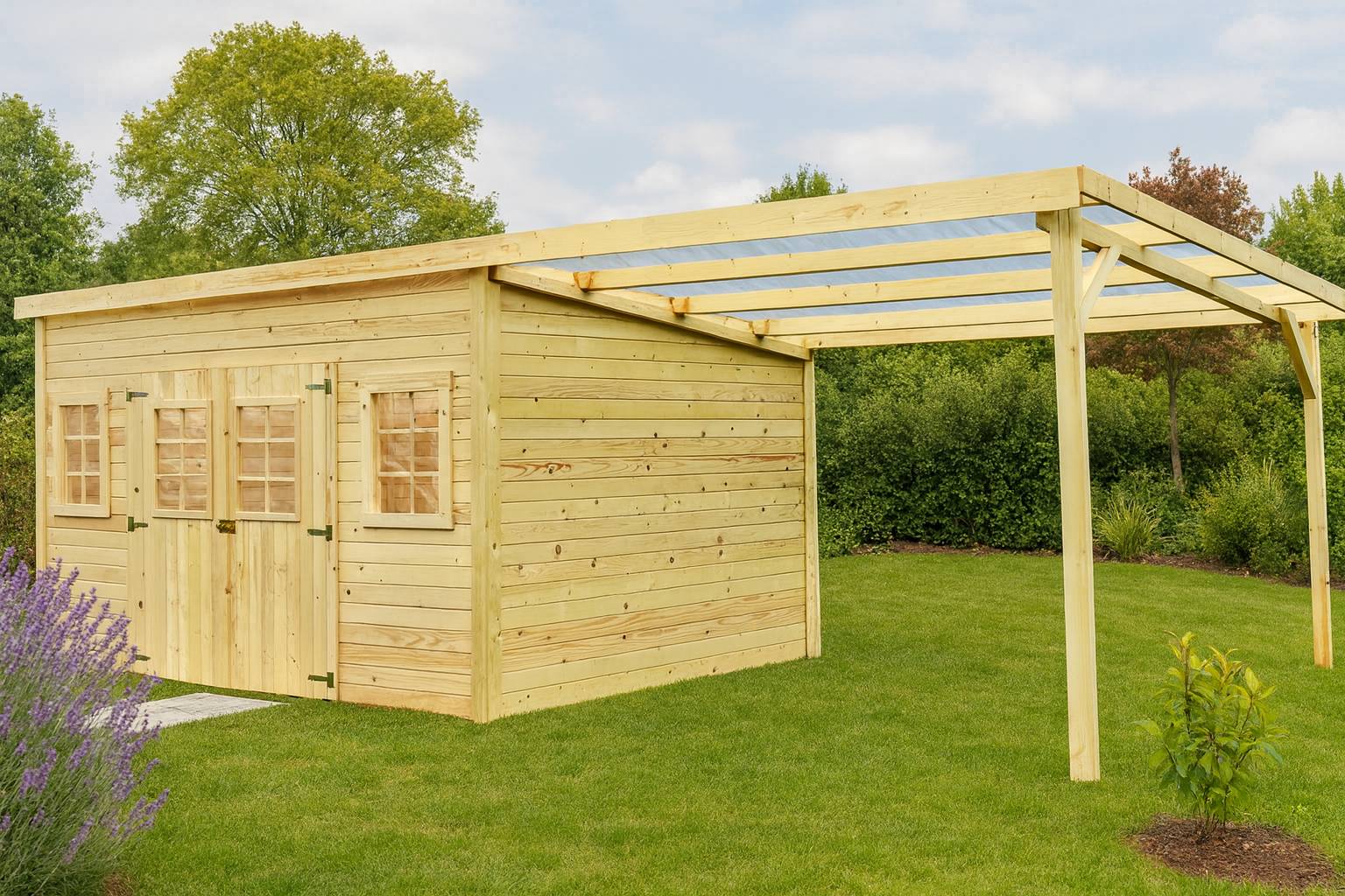 Habrita - Abri Madriers bois massif - 28 mm - surface extérieur 21,05 m2 avec bucher -Toit monopente - Toiture polycarbonate double peau - Image 1
