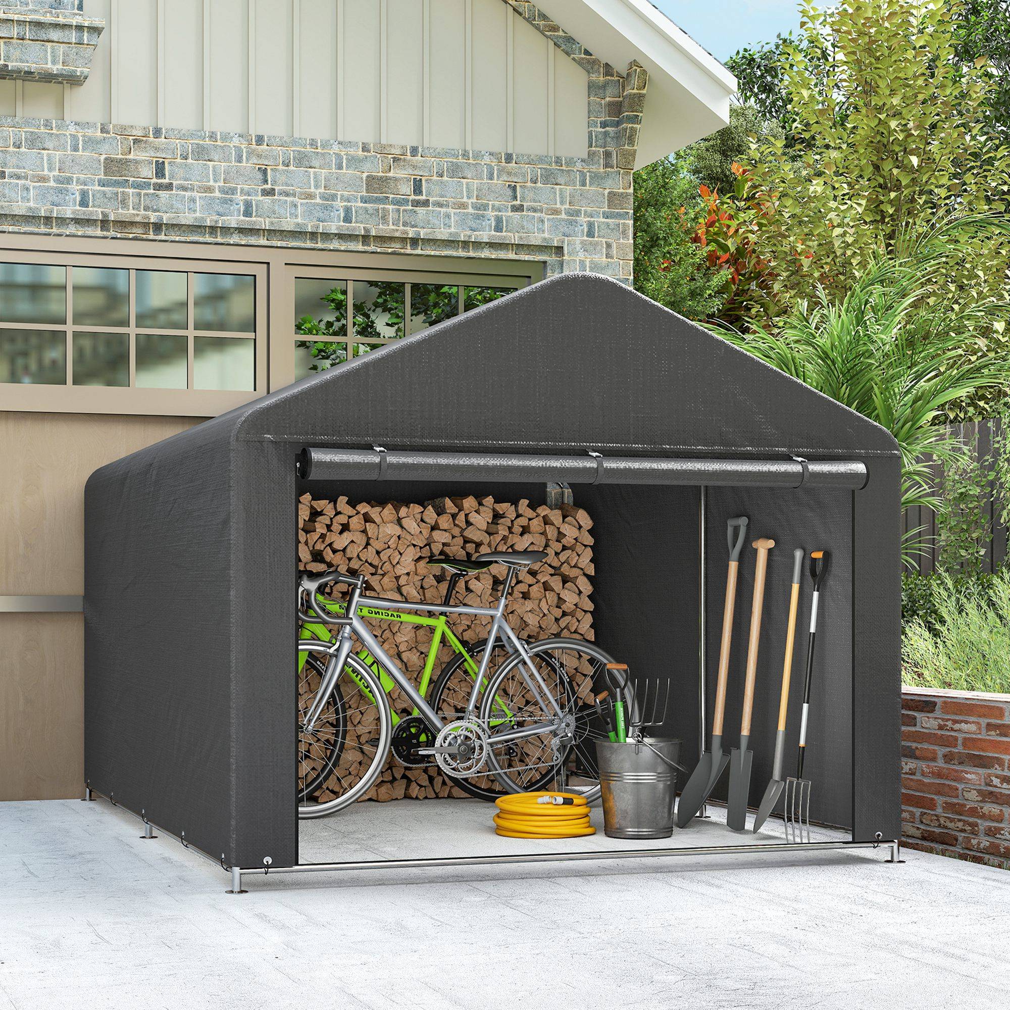 Outsunny - Abri de jardin porte enroulable fermeture éclair - pour vélo, moto, bois, outils - 200 x 238 x 183 cm - gris foncé - Outsunny - Image 6