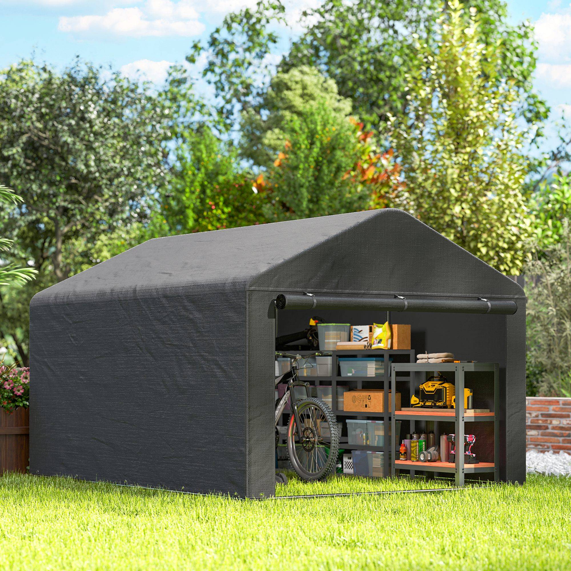 Outsunny - Abri de jardin porte enroulable fermeture éclair - pour vélo, moto, bois, outils - 200 x 238 x 183 cm - gris foncé - Outsunny - Image 8