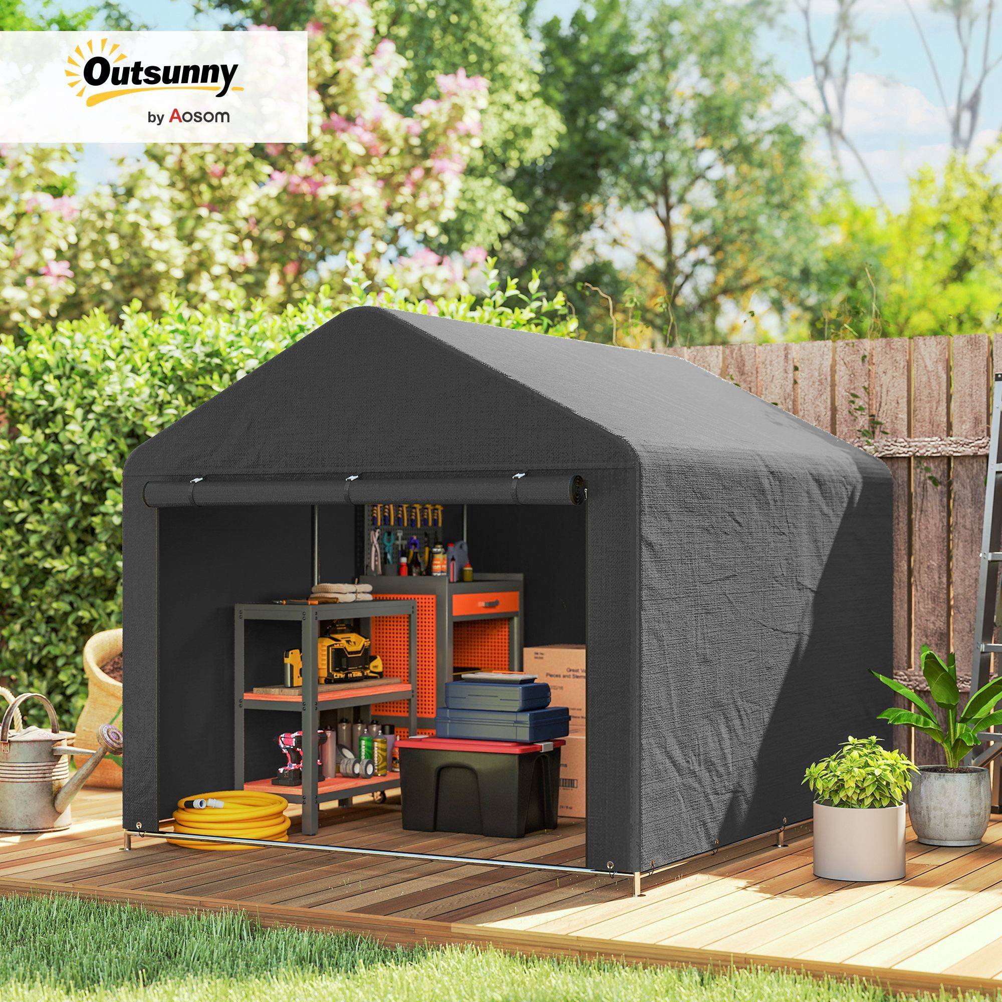 Outsunny - Abri de jardin porte enroulable fermeture éclair - pour vélo, moto, bois, outils - 200 x 238 x 183 cm - gris foncé - Outsunny - Image 10