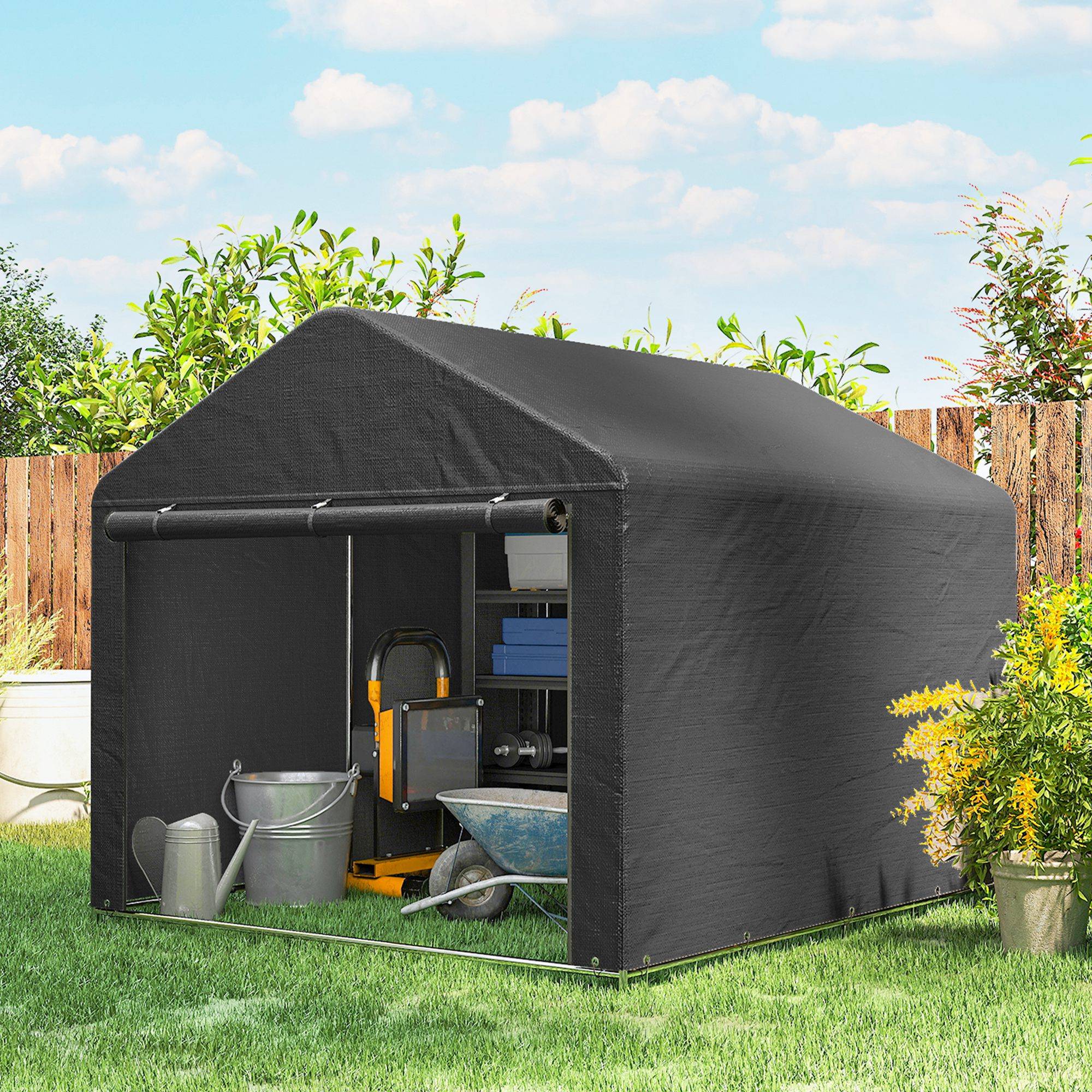 Outsunny - Abri de jardin porte enroulable fermeture éclair - pour vélo, moto, bois, outils - 200 x 238 x 183 cm - gris foncé - Outsunny - Image 2