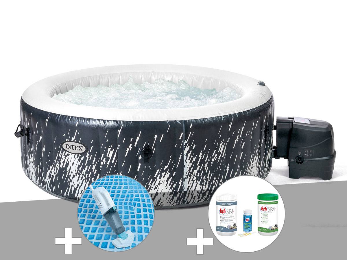 Kit spa gonflable Intex PureSpa Galaxie rond Bulles avec LED 4 places + Aspirateur + Kit de traitement brome