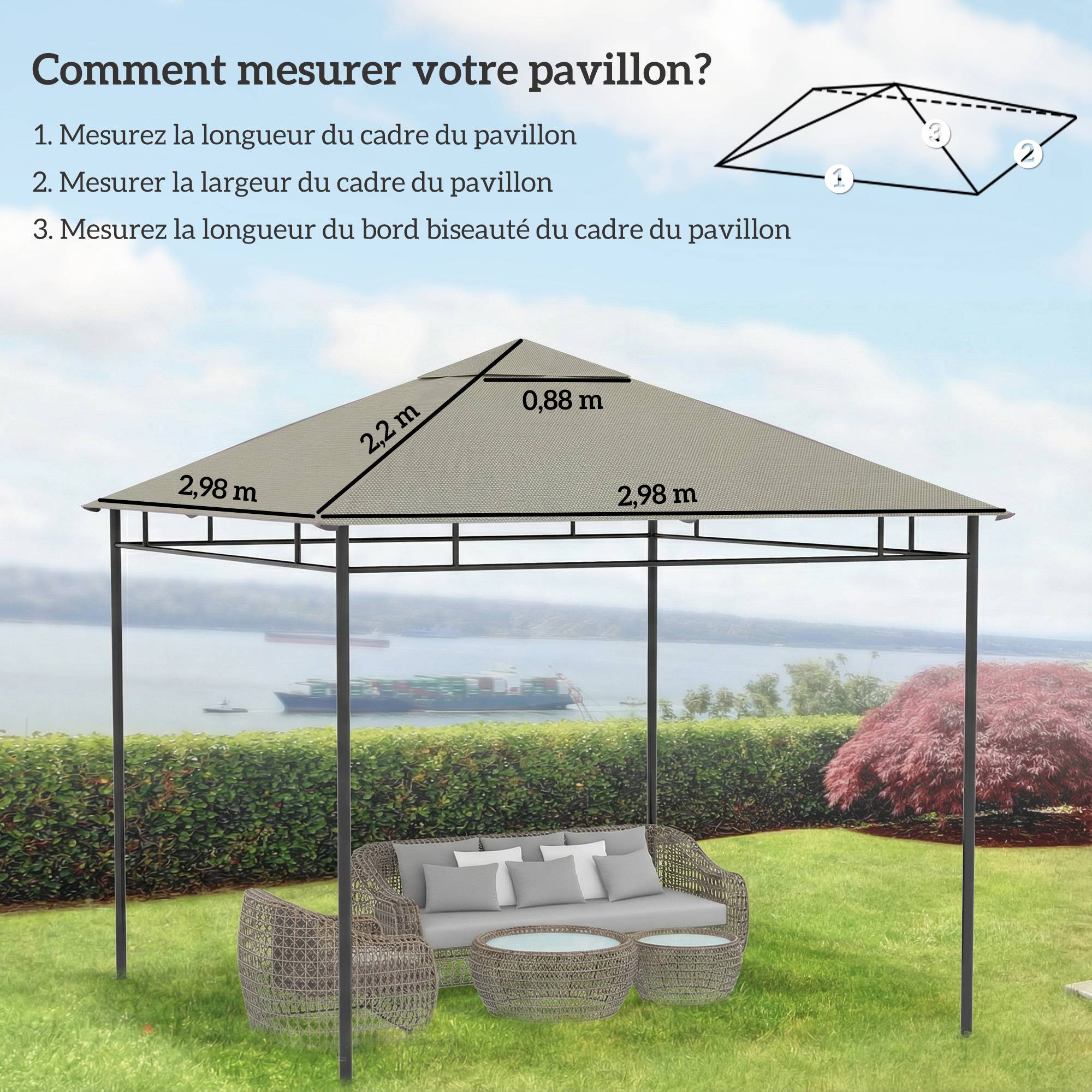 Toile de rechange pour pavillon tonnelle tente toit de remplacement gazebo de jardin polyester 180 g/m² 3 x 3 m gris - Image 5