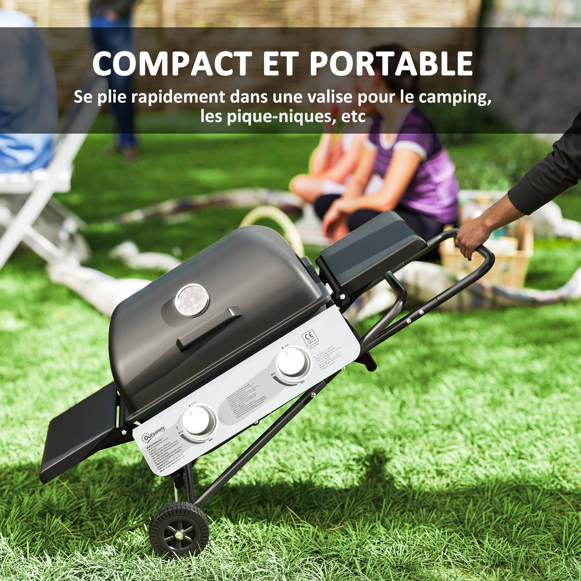 Barbecue gaz transportable, 2 brûleurs 5,6 kW, barbecue gaz de camping avec étagères latérales thermomètre et roues, noir - Image 6