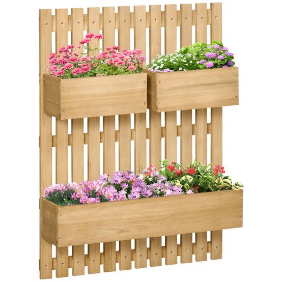 Jardinière murale en bois avec treillis et 3 pots amovibles pour jardin, terrasse ou patio, 60 x 16 x 80 cm, couleur naturelle - Image 2