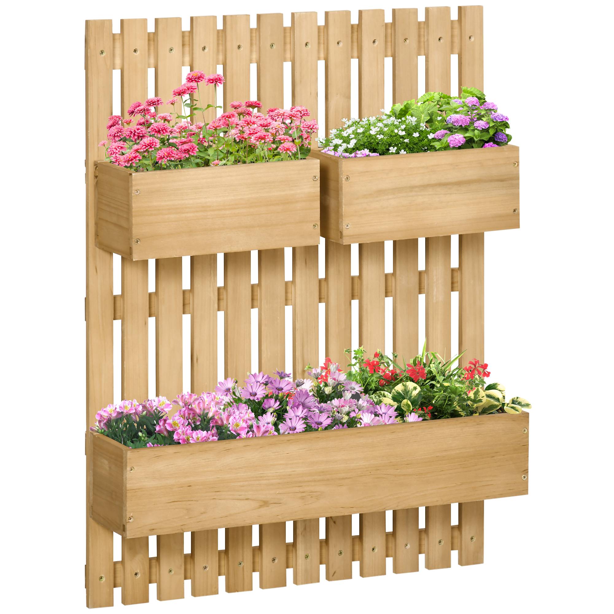 Jardinière murale en bois avec treillis et 3 pots amovibles pour jardin, terrasse ou patio, 60 x 16 x 80 cm, couleur naturelle - Image 2