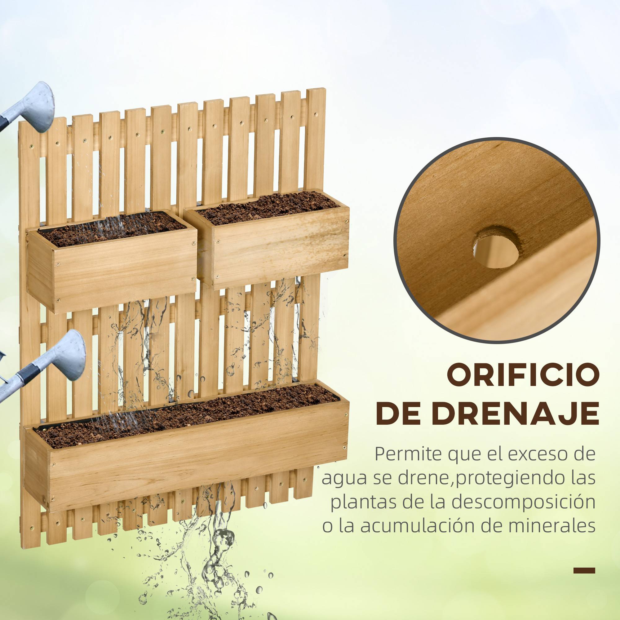 Jardinière murale en bois avec treillis et 3 pots amovibles pour jardin, terrasse ou patio, 60 x 16 x 80 cm, couleur naturelle - Image 9