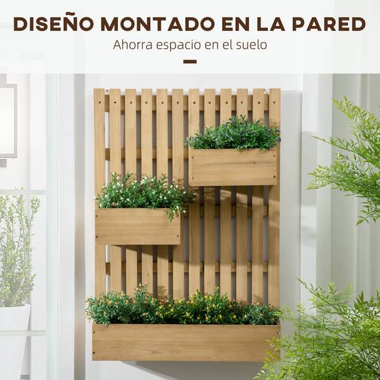 Jardinière murale en bois avec treillis et 3 pots amovibles pour jardin, terrasse ou patio, 60 x 16 x 80 cm, couleur naturelle - Image 6