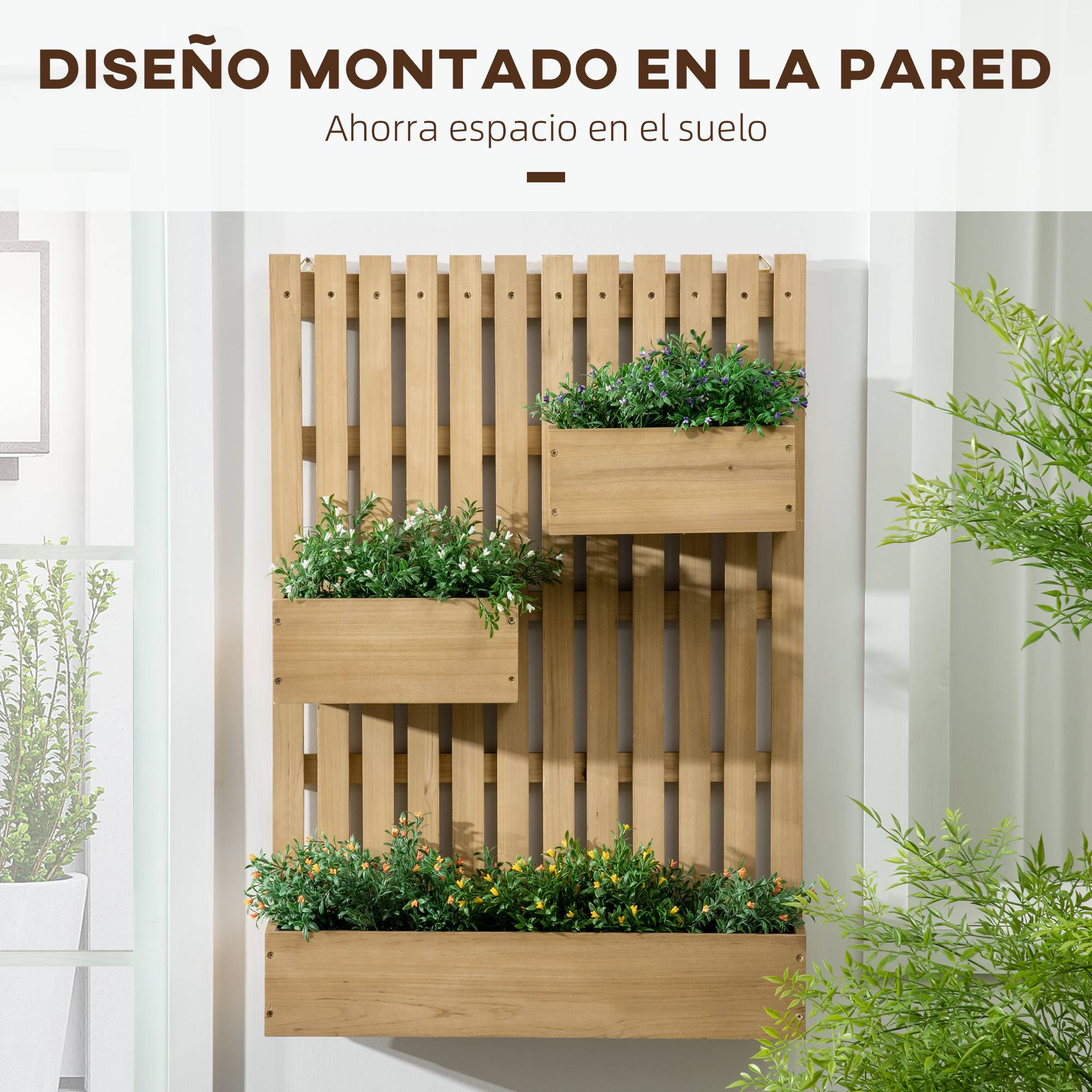 Jardinière murale en bois avec treillis et 3 pots amovibles pour jardin, terrasse ou patio, 60 x 16 x 80 cm, couleur naturelle - Image 6