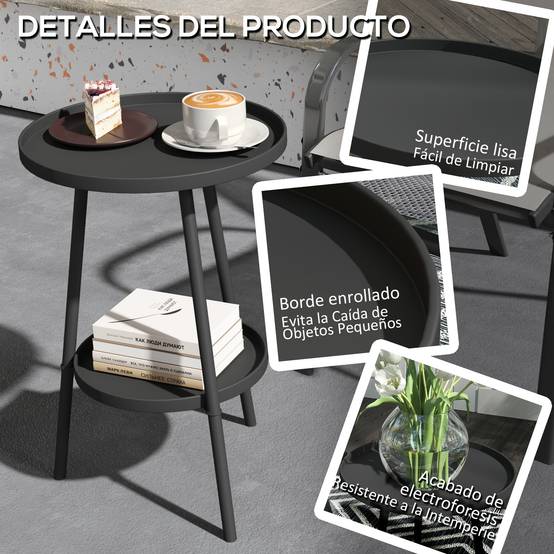 Table de jardin ronde à 2 niveaux avec rebords surélevés et plateau inférieur pour une utilisation intérieure et extérieure Ø32 x 51 cm Noir - Image 7