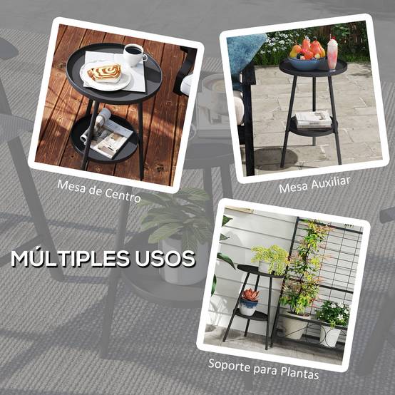 Table de jardin ronde à 2 niveaux avec rebords surélevés et plateau inférieur pour une utilisation intérieure et extérieure Ø32 x 51 cm Noir - Image 8