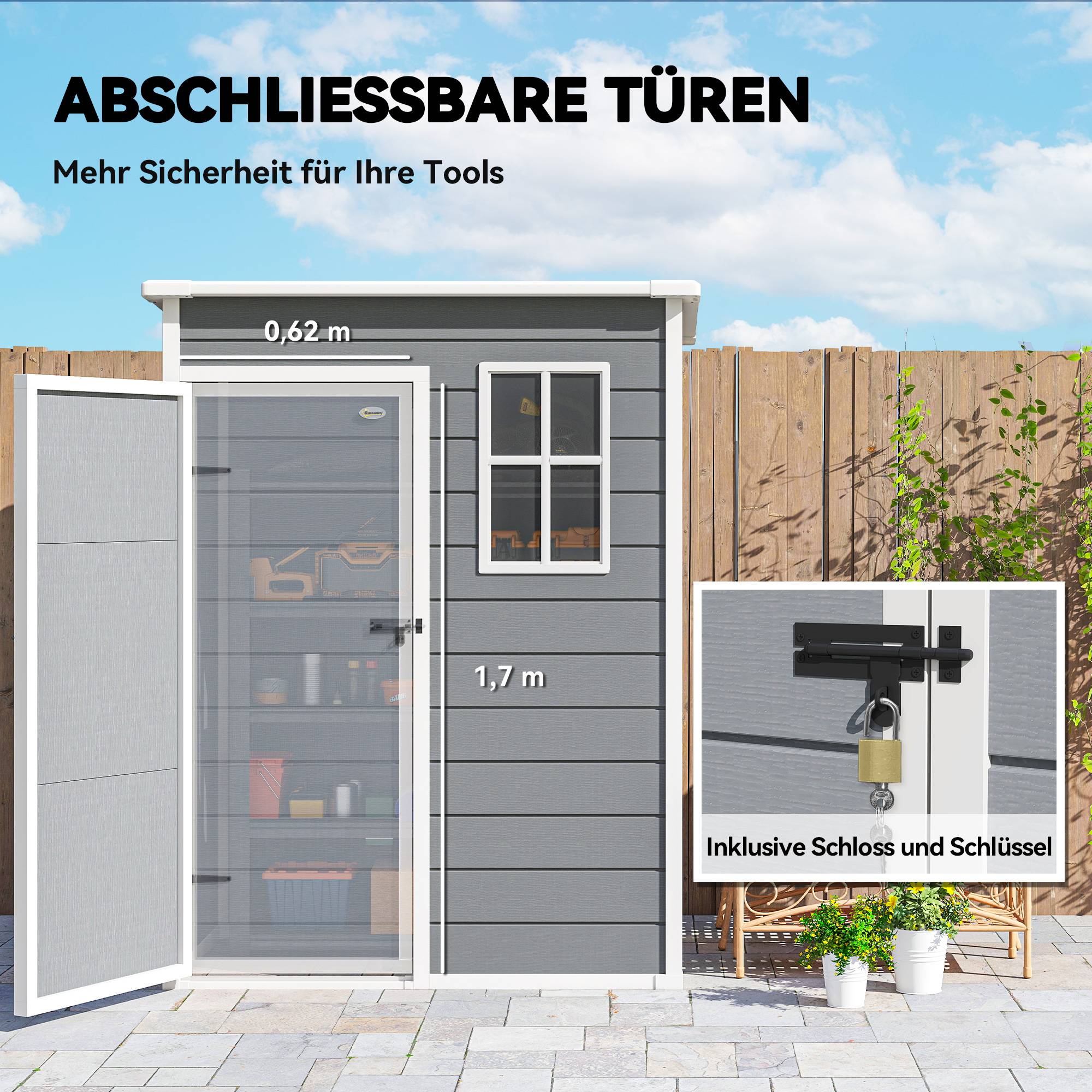 Abri de jardin plastique 1,14 m² 151x92x193 cm toit monopente plancher fenêtre gris cabane jardin rangement extérieur - Image 9