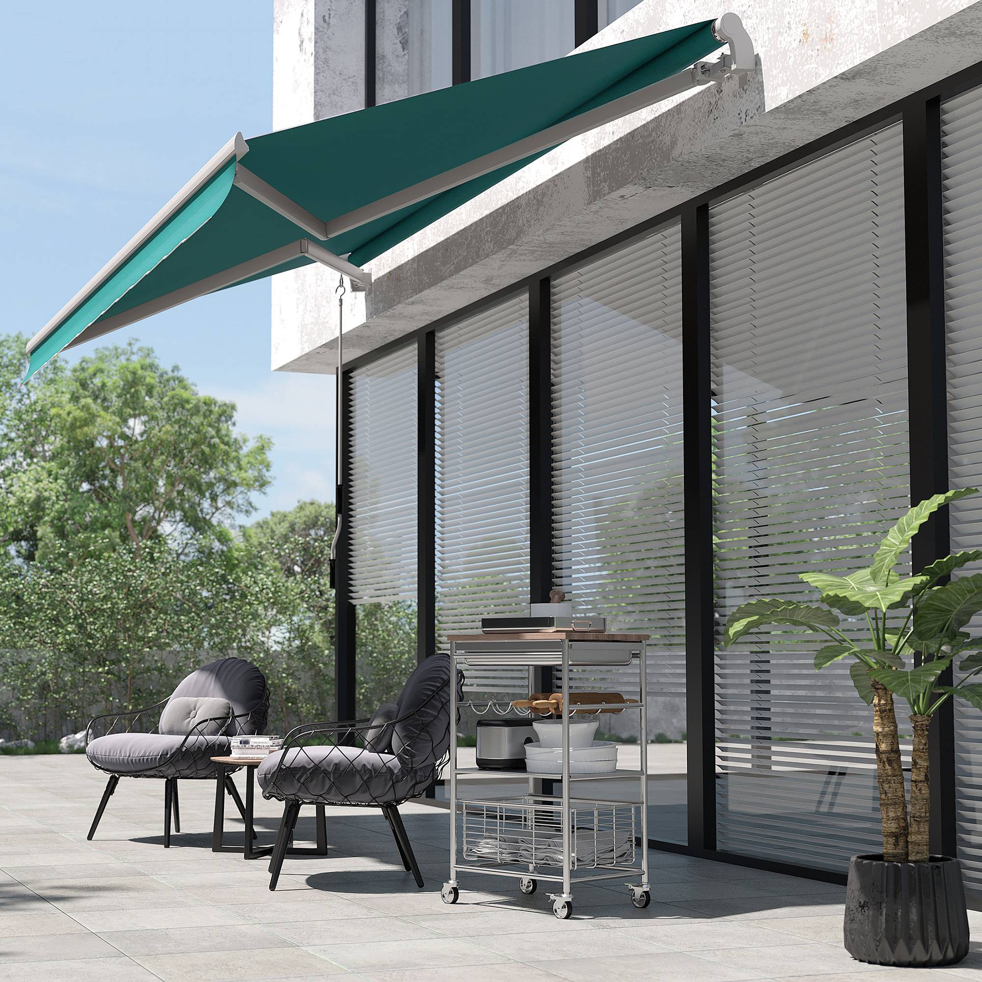 Store banne manuelle 395 x 245 cm avec manivelle, pour balcon, terrasse ou patio, en aluminium et toile polyester 280 g/m², anti-UV, verte - Image 3