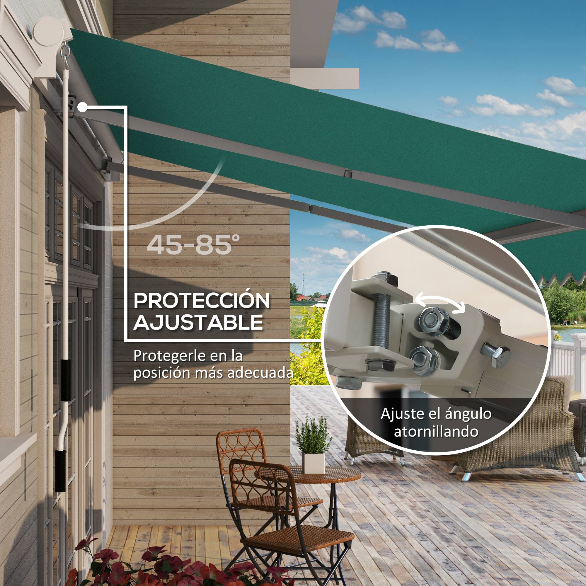 Store banne manuelle 395 x 245 cm avec manivelle, pour balcon, terrasse ou patio, en aluminium et toile polyester 280 g/m², anti-UV, verte - Image 6