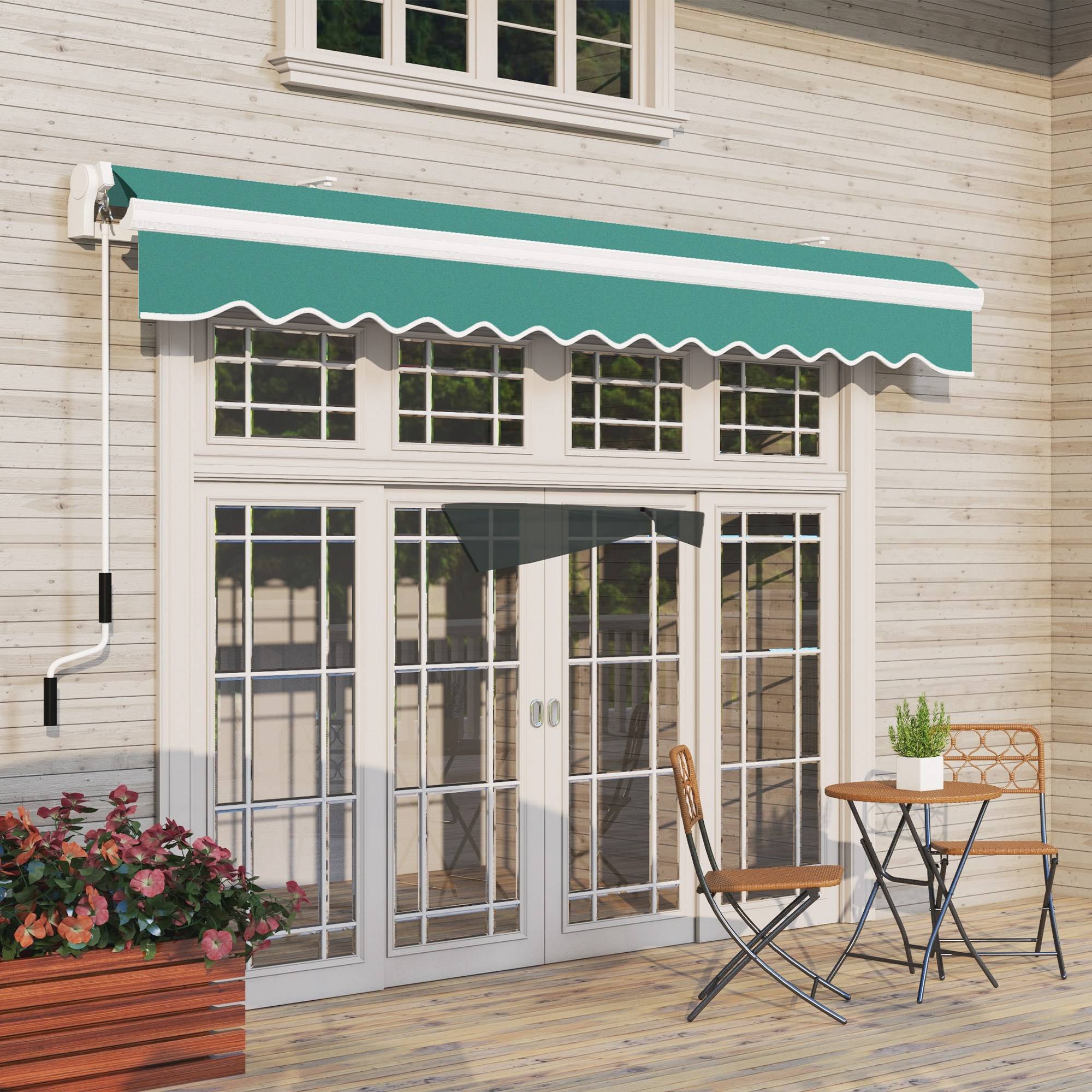 Store banne manuelle 395 x 245 cm avec manivelle, pour balcon, terrasse ou patio, en aluminium et toile polyester 280 g/m², anti-UV, verte - Image 10