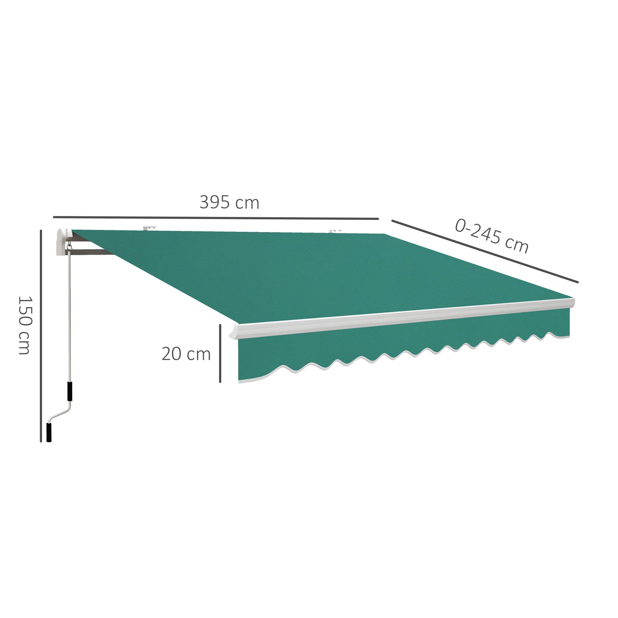 Store banne manuelle 395 x 245 cm avec manivelle, pour balcon, terrasse ou patio, en aluminium et toile polyester 280 g/m², anti-UV, verte - Image 5