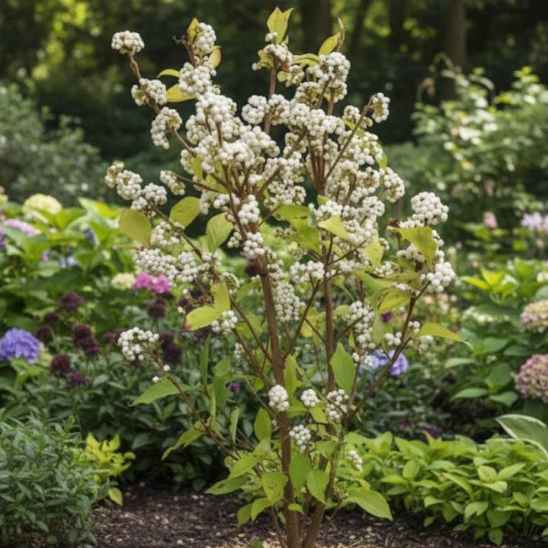 Callicarpa, Arbuste aux bonbons Magical® Snowstar 'Kolmsnostar' à fleurs Blanche - feuillage Caduc - Pot de 2L - 40/60 cm-  hauteur à maturité De 1,00 - Image 5